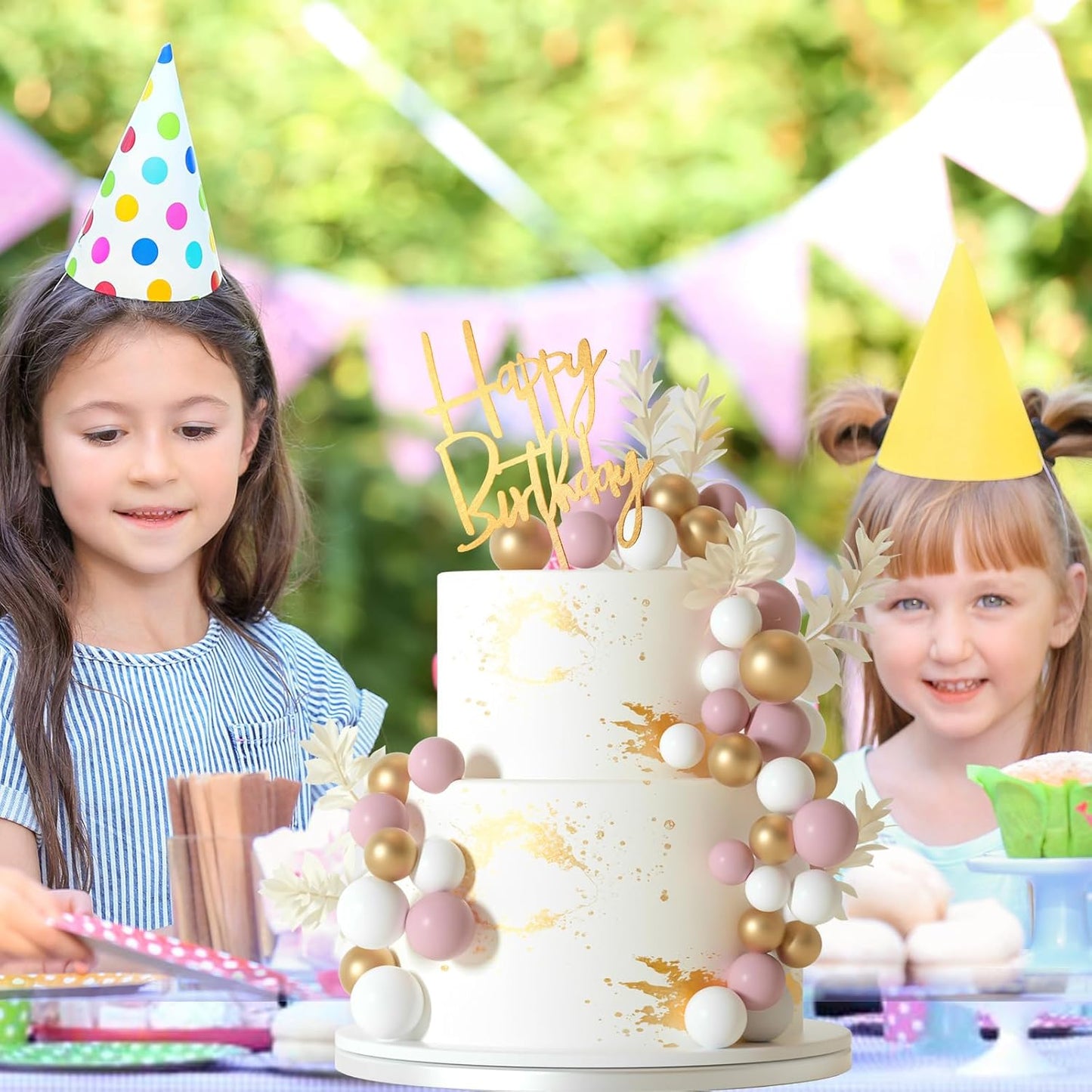 MIAHART Ball Cake Toppers Boho Grass Cake Topper Ball Cake Insert Decoration for Birthday Wedding Baby Shower Party Decorations Boho Themed Party Supplies (white，gold，pink)