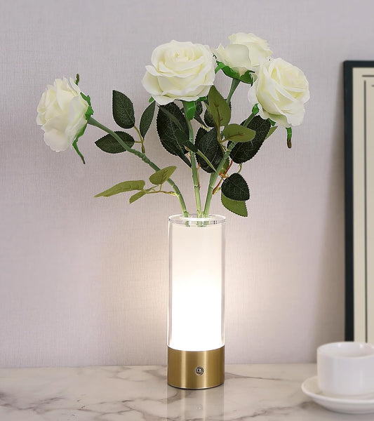Flower Night Light,Touch Vase Lamp,Rechargeable Cordless Table Lamp,Home Decor Lamp for Dining Table/Bed Room/Bathroom/Closet,Gifts for Women/Mom/Girl, Artificial Roses Included