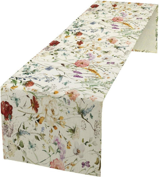 Floral Butterfly Table Runner,Rustic Colorful Flower Botanical Watercolor Pattern Print Burlap for Hotel Indoors Outdoor Dining Room Kitchen Holiday Party, 13x90in