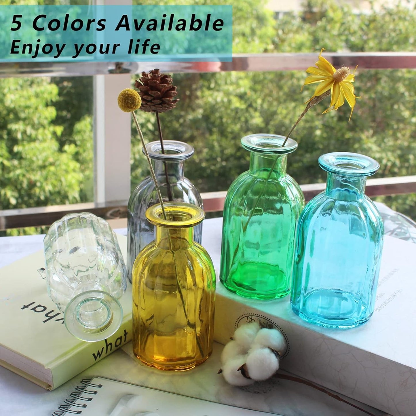 6 Sets Glass Bud Vase Small Vases for Flowers, Blue Vase Set for Centerpieces Home Decorative Mini Bud Vases in Bulk, Round Vintage Glass Bottles,2.85"X 5.4"