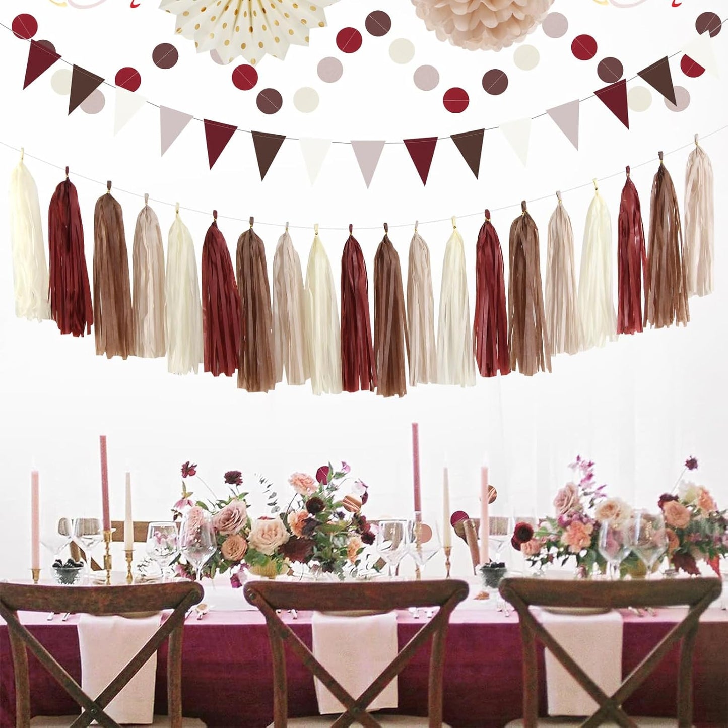 Brown Burgundy Champagne Dusty-Pink Party-Decorations - 33pcs Banner,Streamers Tassel Garland,Fall Boho Baby Shower,Wedding Tissue Pom Poms Honeycomb,Paper Lantern Fan,Birthday,Engagement Hugtmr