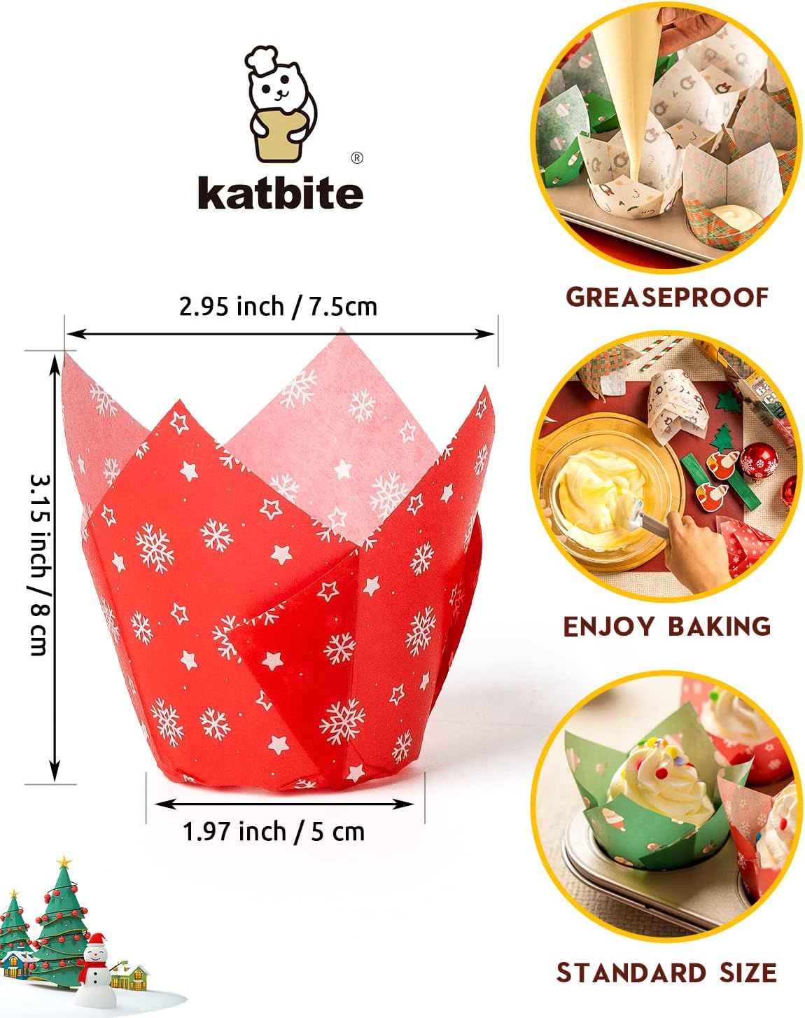 Katbite Christmas Tulip Cupcake Liners 200PCS, Muffin Baking Cupcake Liners Holders