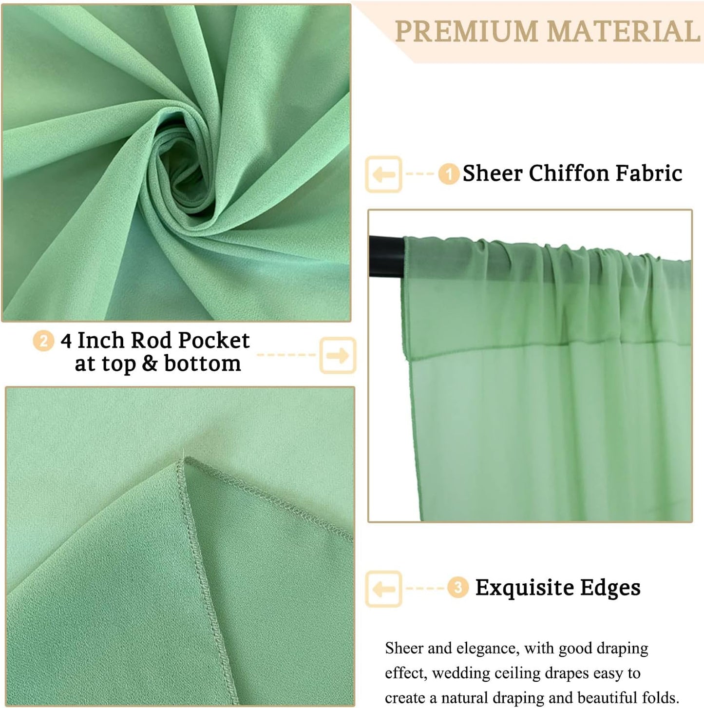 MODFUNS Sage Green Wedding Arch Draping Fabric 5x20ft 4 Panels Sheer Ceiling Curtain Chiffon Swag Curtain Romantic Tulle Arbor Draping for Party Banquet Hall Decoration