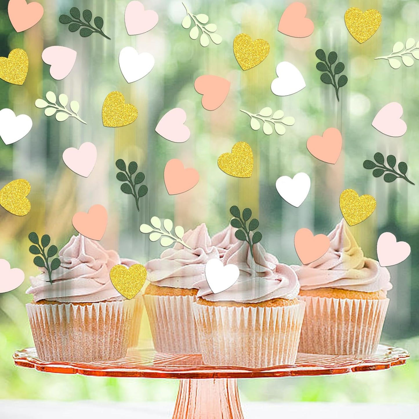 200PC Heart Wedding Confetti Greenery Eucalyptus Table Scatters for Pink and Sage Green Bridal Shower/Birthday/Baby Shower/Bachelorette Party Decoartions