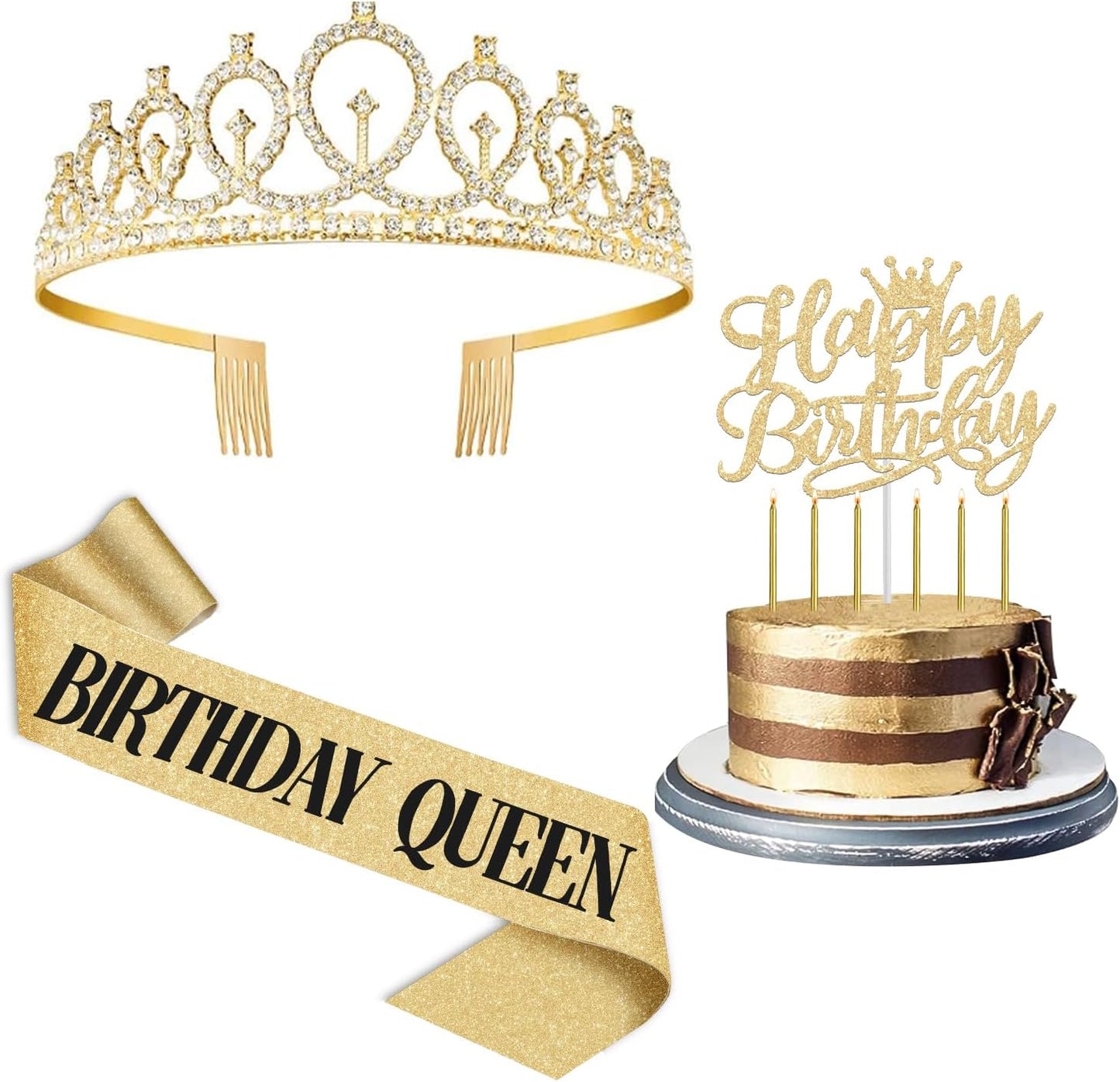 Birthday Decorations for Women/Girls, Including Queen Sash and Crown, Cake Topper, Candles. Birthday Sash and Tiara for Women, Golden Party Decorations Favors