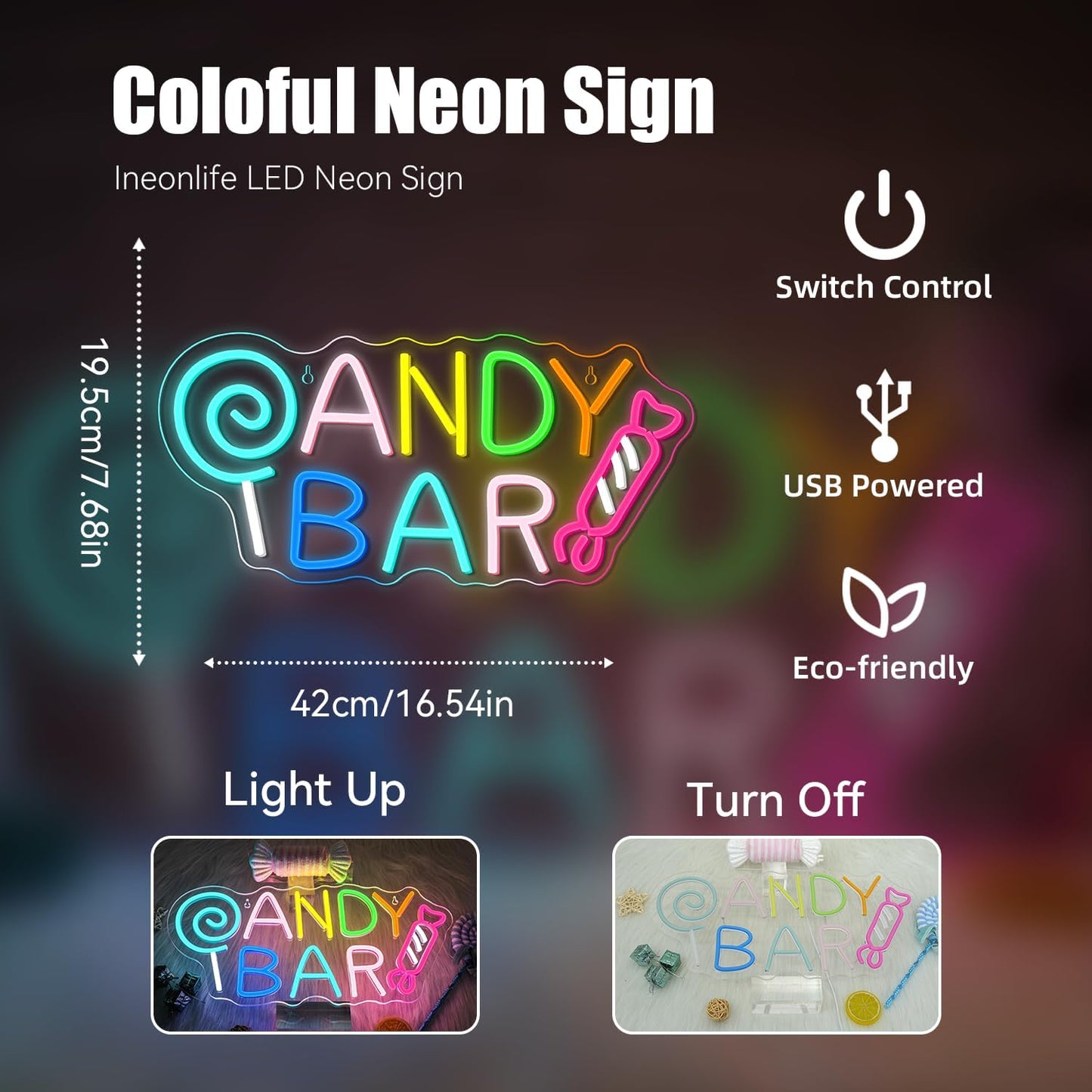 ineonlife Candy Bar Neon Sign Lollipop Neon Signs For Wall Decor Candy Decor Led Lights Birthday Party Teen Bedroom Candy Shop Lollipop Store Halloween Decorations Gifts USB Powered 16.54x7.68in
