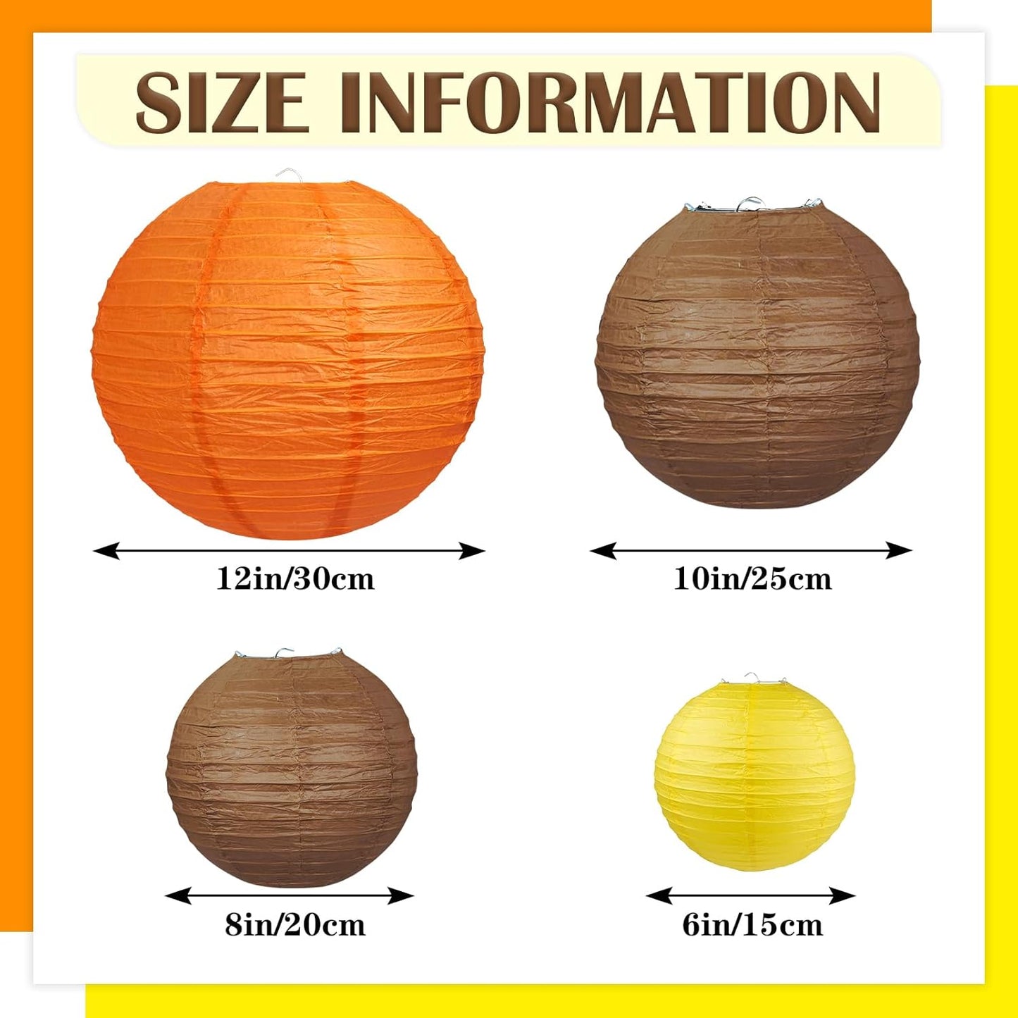 12Pcs Fall Paper Lanterns, Various Sizes (6" 8" 10" 12") Hanging Yellow Orange and Brown Paper Lanterns for Baby Shower Bridal Shower Wedding Birthday Thanksgiving Fall Party Decorations