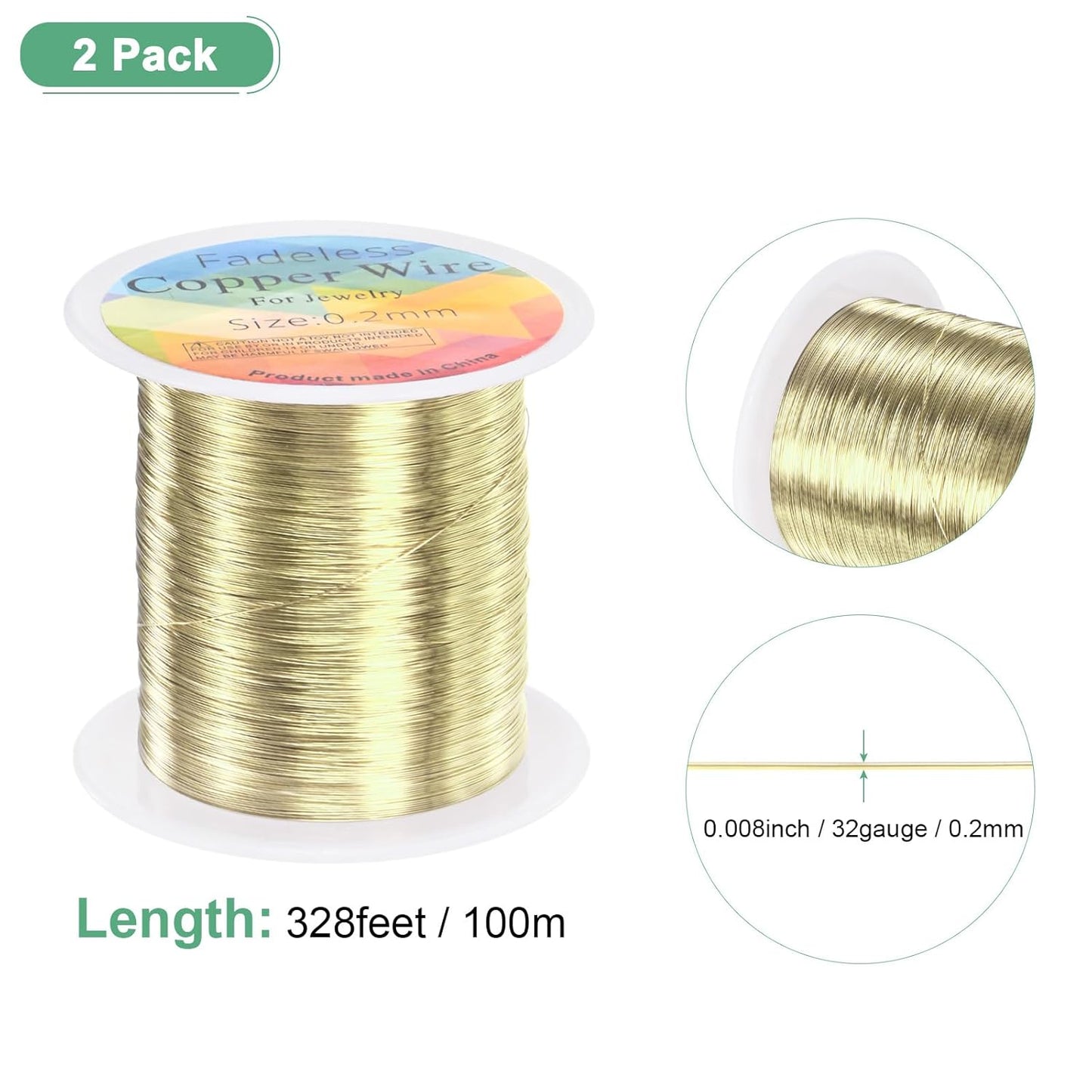 2-Rolls 0.2mm Jewelry Wire, 32 Gauge 328FT Craft Wire Copper Beading Wire for Jewelry Making/Planting/Weaving/DIY Crafting, Soft Metal Wires [100M, Light Golden]
