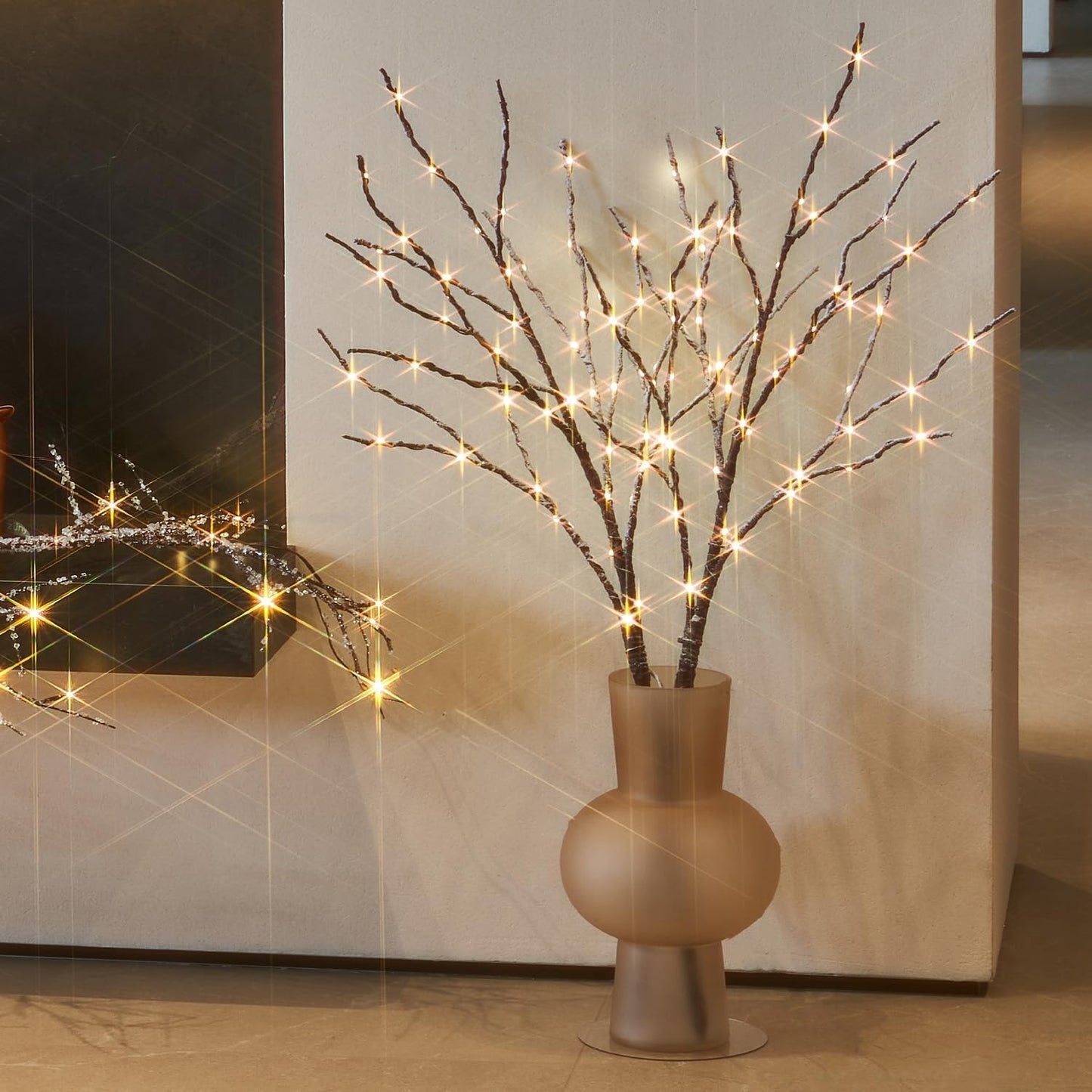 Fudios Lighted Branches Snow Dusted with Timer 100 LED 32IN, Artificial Tree Branch with Lights for Home Bedroom Fireplace Mantle Christmas Holiday Decoration