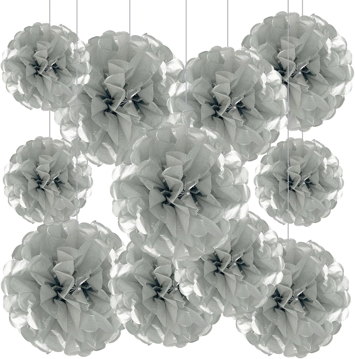 Tissue Paper Pom Poms, Silver Tissue Paper Flowers, Hanging Flower Balls for Weddings Fiesta Parties Birthday Baby Showers Classroom Bridal Shower Decoration (20Piece Set-6/10/12/14Inch)