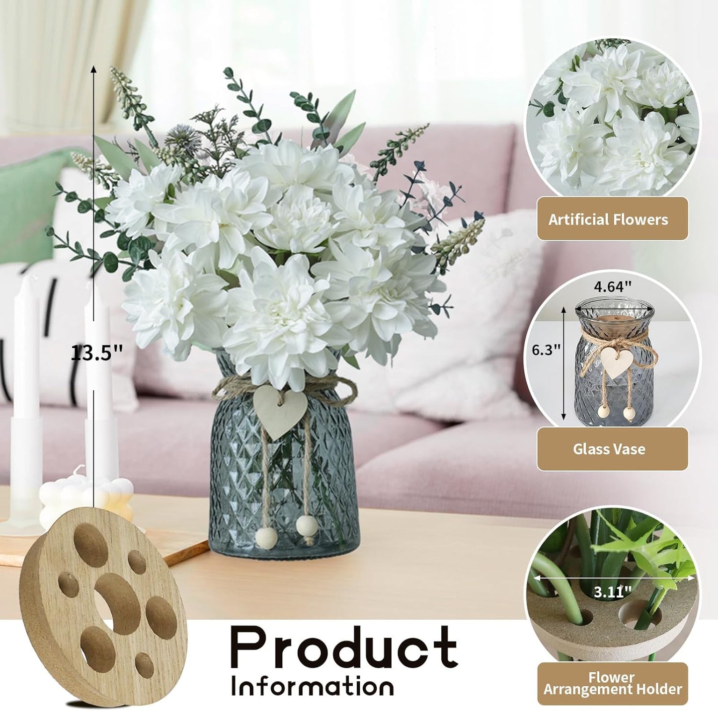 Fake Flowers in Vase,8 Dahlias,Silk Artificial Flowers in Vase,Centerpiece Table Decorations,Coffee Table Decor,Faux Flowers in Vase with a Flower Arrangement Holder