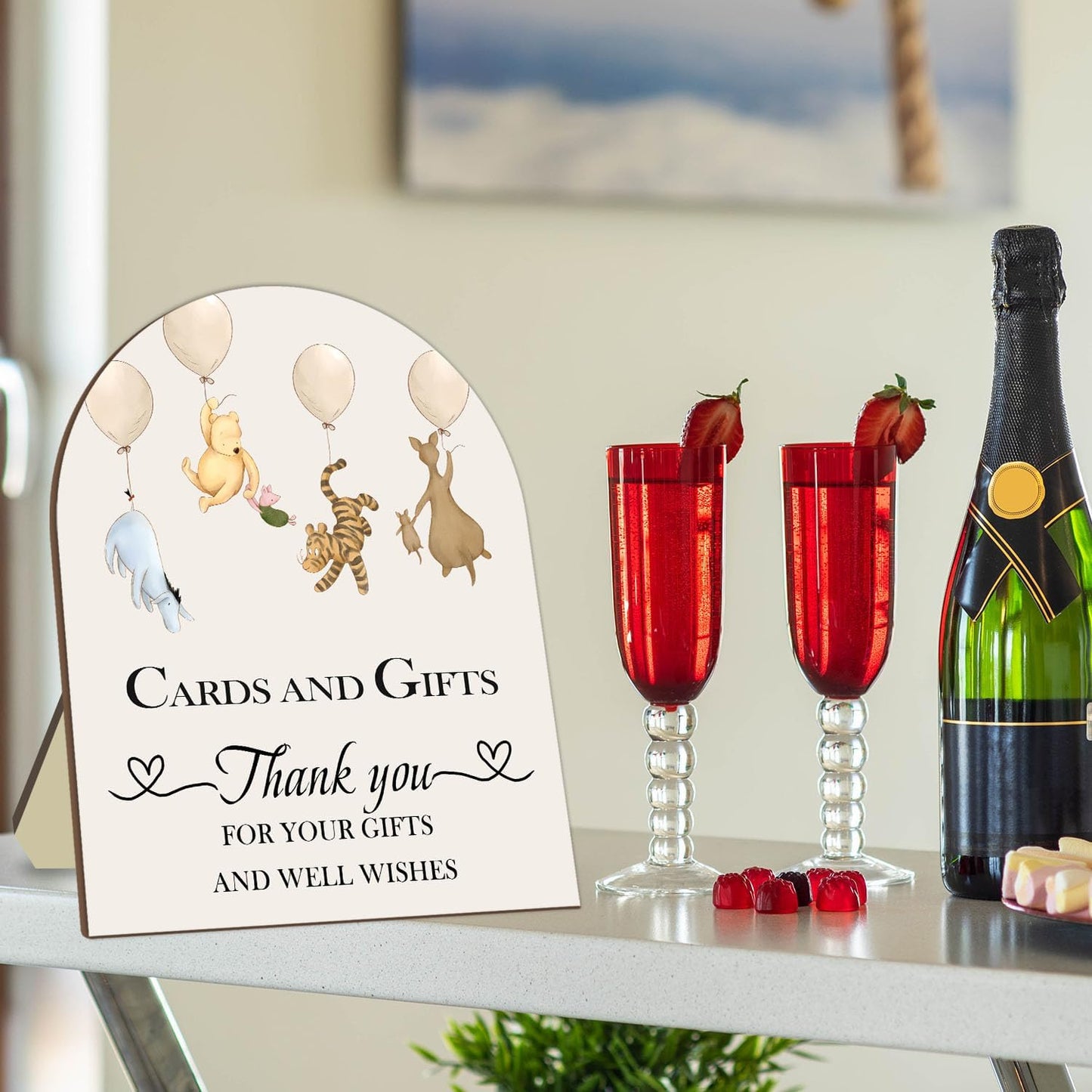 Winnie Cards and Gift Sign, Classic Pooh Thank You Wooden Sign, Classic Winnie Bridal Shower Baby Shower Favors, Thank You for Your Gift and Well Wishes Sign with Stand 9 * 11IN