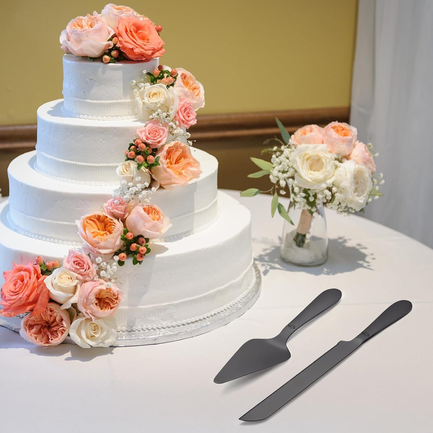 Cake Cutting Set for Wedding - Extended Cake Knife and Server Set Thickened Stainless Steel 13.0" Cake Cutter 10.49" Pie Spatula Great for Birthday Anniversary Christmas Gift 2 Pcs Matte Black