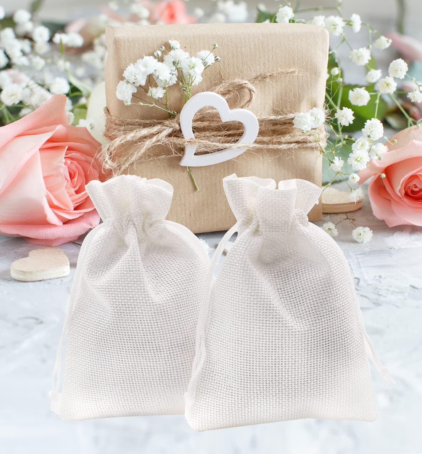 20Pcs Burlap Bags with Drawstring, 3.9 x 5.5 inch White Small Linen Gift Bags Jewelry Pouches Sacks for Christmas, Wedding Favors, Party, DIY Craft