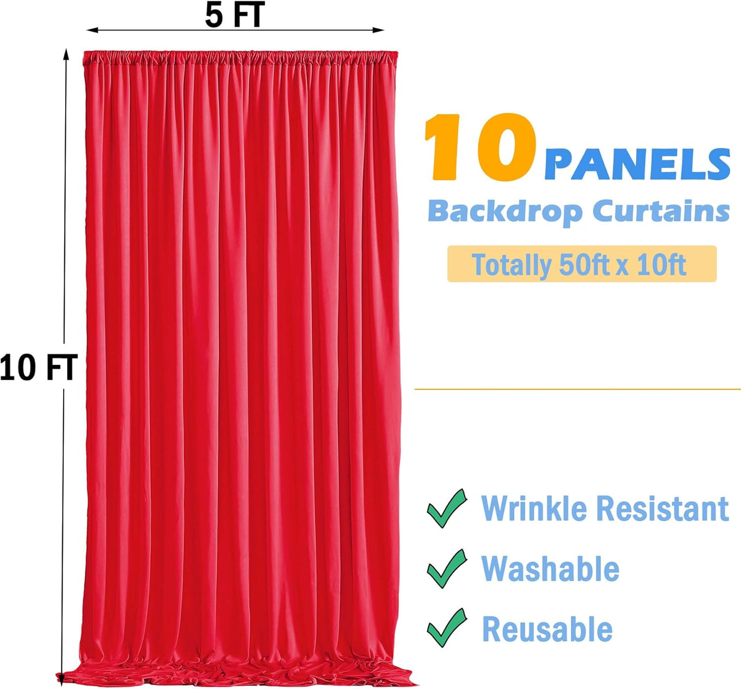 10 Panels 5x10ft Red Backdrop Curtains for Parties, Wrinkle Free Red Photo Backdrop Drapes Back Drop Cloth for Wedding Birthday Photography Baby Shower Background Decor, 50ftx10ft