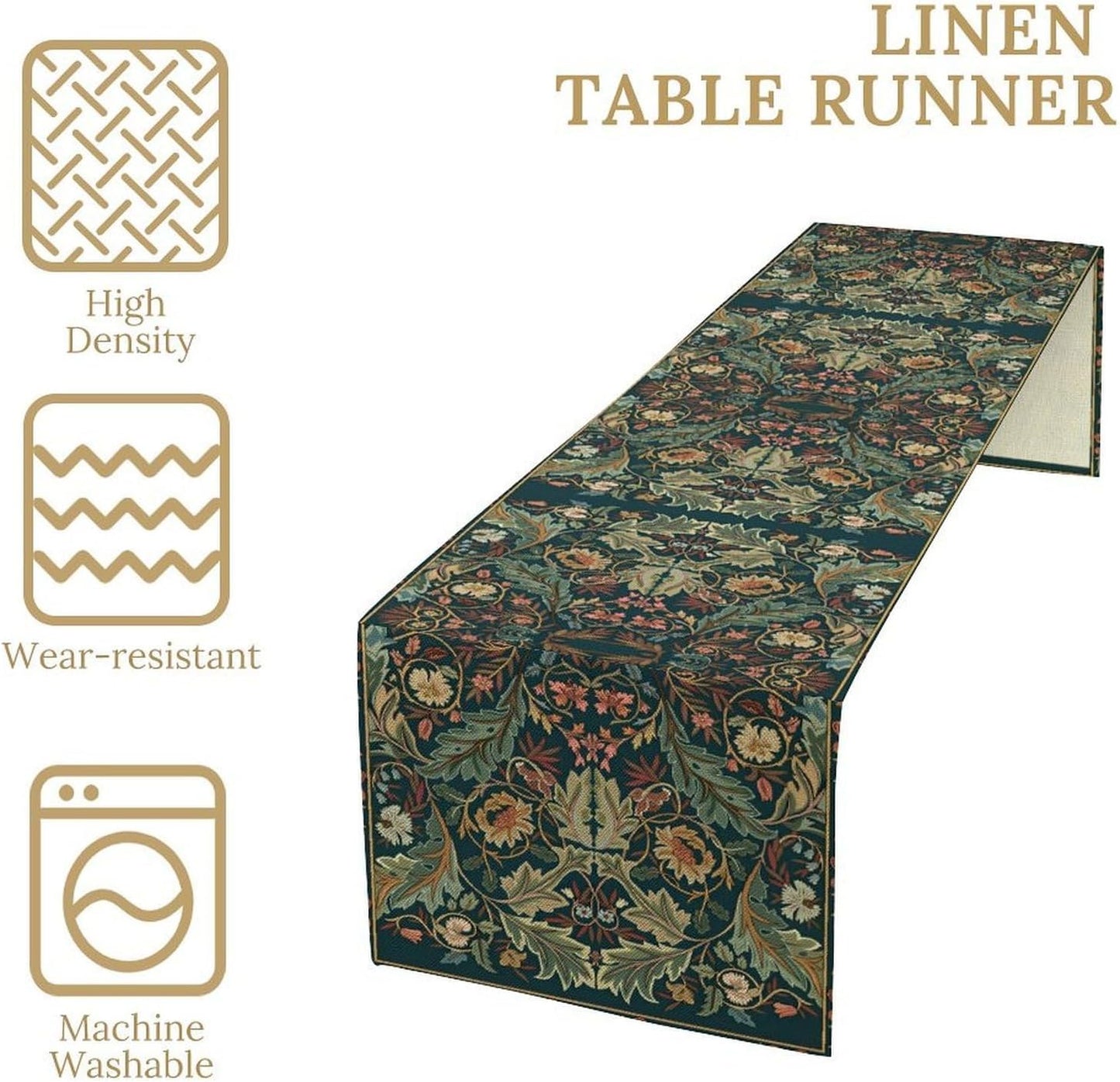 Green Morris Floral Table Runner, Boho Rustic Country Farmhouse Teal Red Rose Pattern for Home Kitchen Table Decor Dining Coffee Room Party Decor 13x120in