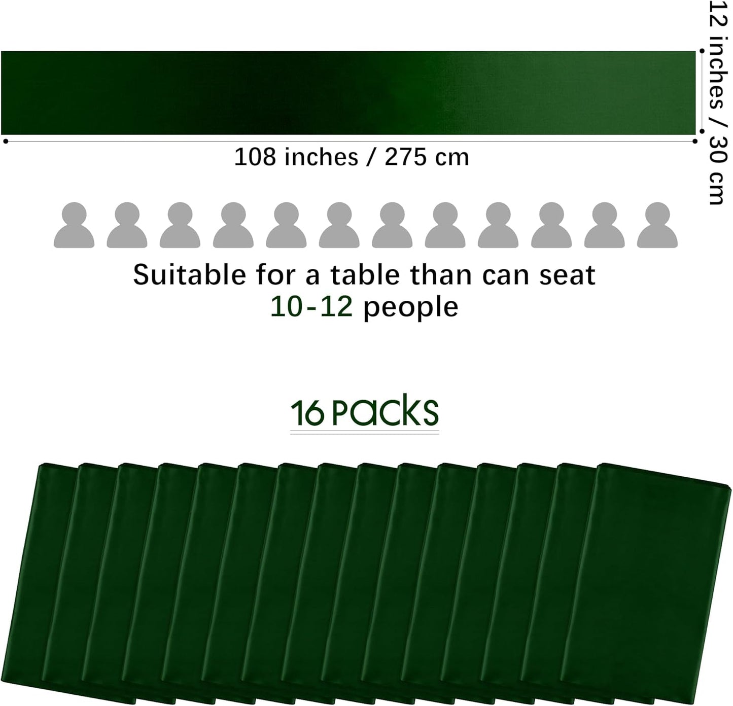 Aneco 16 Pack Satin Table Runner 12 x 108 Inch Black Green Long Wedding Satin Silk Table Runner for Wedding Banquet Graduations Birthday Party Decoration