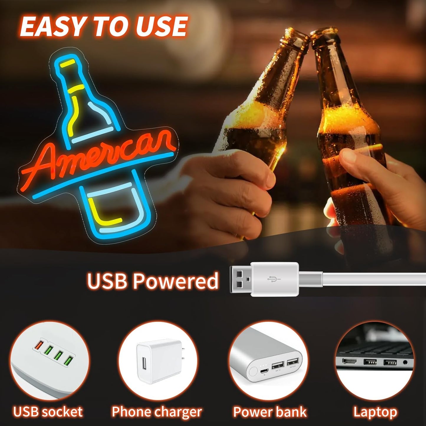 American Beer Neon Sign - Vintage Bottle LED Wall Light, Garage Bar Decor, Man Cave Lighting, Rustic Tavern Sign, USB Powered Neon for Game Room