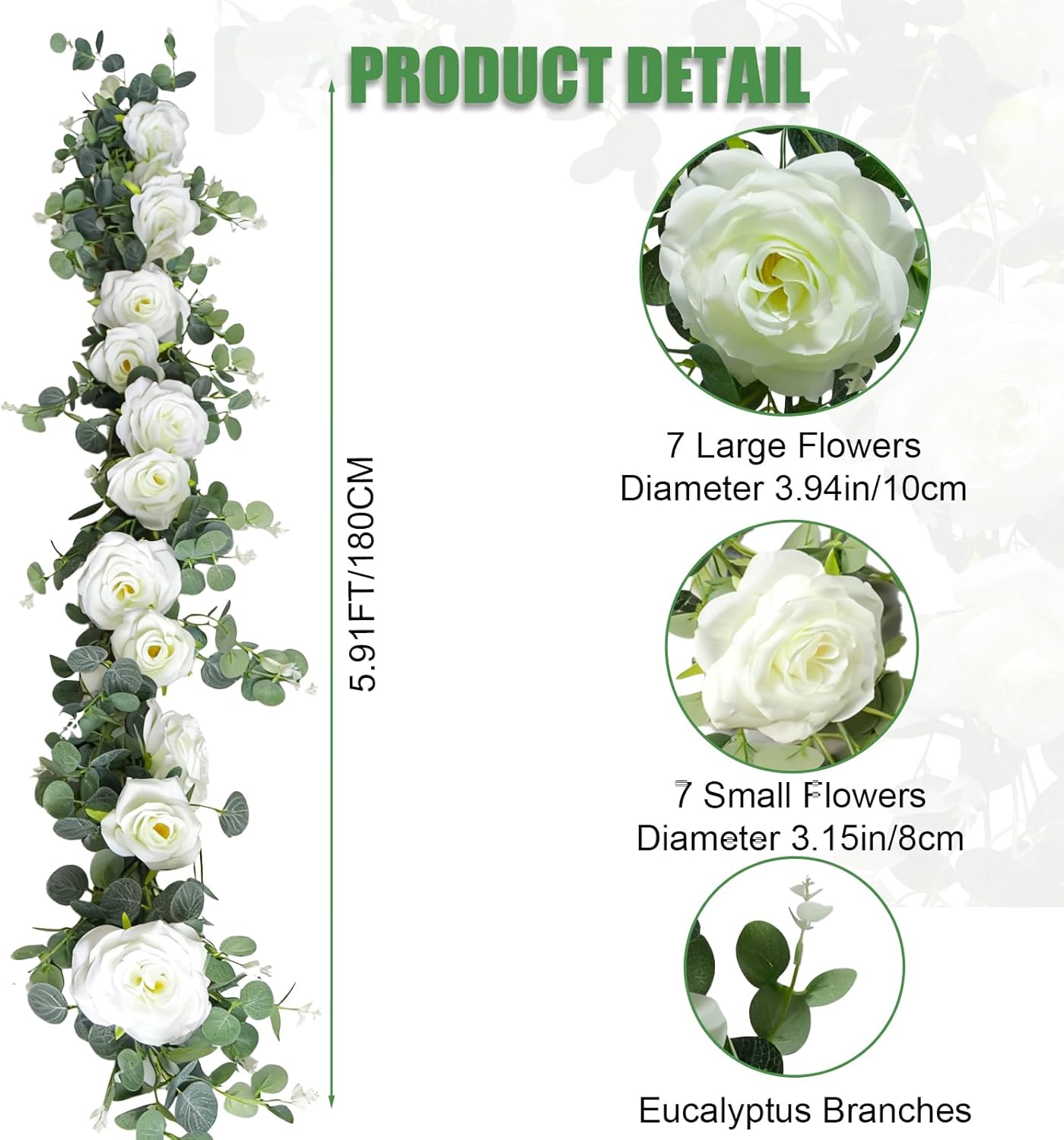 6FT Artificial Eucalyptus Garland with 14 Fake White Rose Flowers - Floral Greenery Decoration Vine for Wedding Centerpieces, Table Runner, Backdrop, Arch Wall Decor,Indoor/Outdoor (1 PCS)