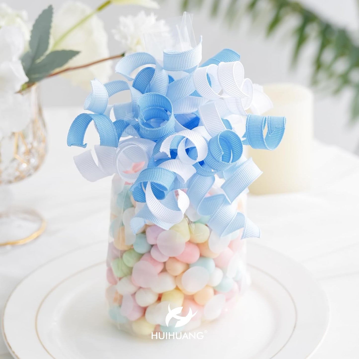 HUIHUANG Baby Boy Shower Gift Bows Blue and White Curly Ribbon Bows Self Adhesive Burst Gift Bow for Baby Birthday, Baby Shower Party Favors, Wine Bottle, Treat Bags, Gift Wrapping- 6 Counts