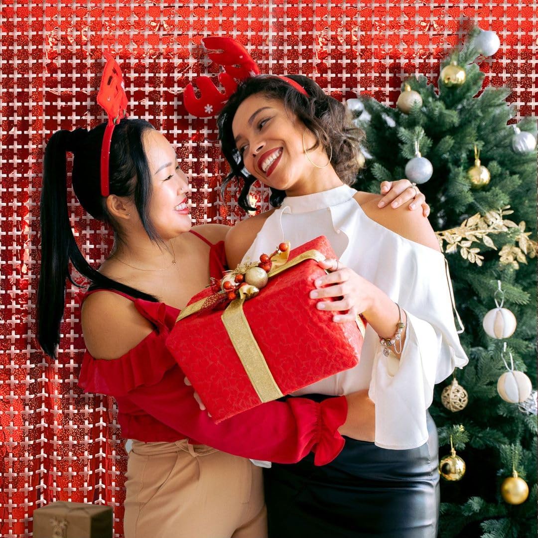 Square Tinsel Curtain Party Backdrop - 5pcs Glitter Foil Fringe Curtain Decor Red Photo Booth Backdrop Streamers for Halloween, Christmas, Birthday, Graduation, Wedding Party Decorations