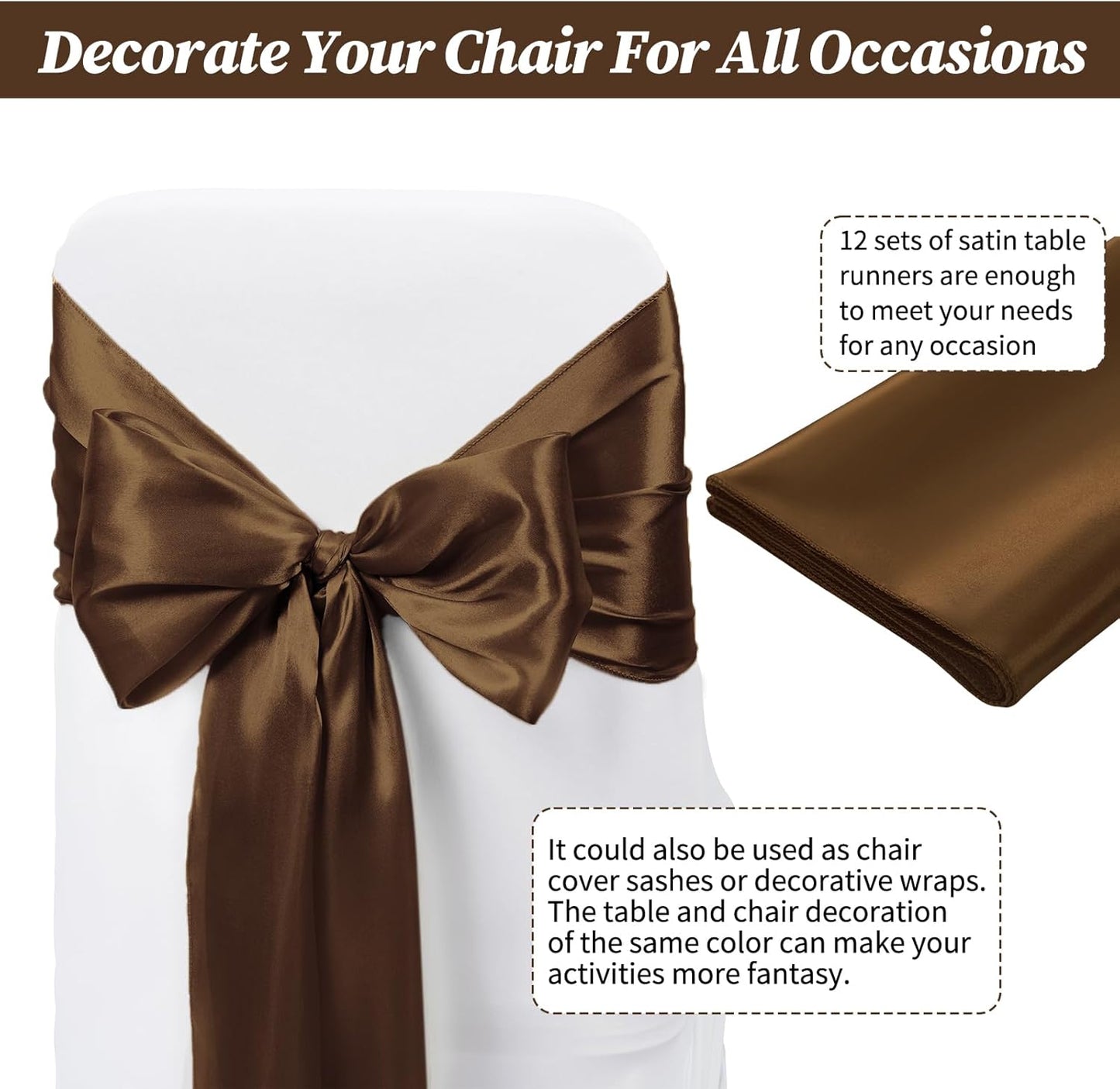 12 Pack Brown Satin Table Runner 12 x 108 inch Long Premium Smooth Table Runner for Wedding, Banquets, Birthday, Party, Graduation, Engagements,Table Runners fit Rectangle and Round Table