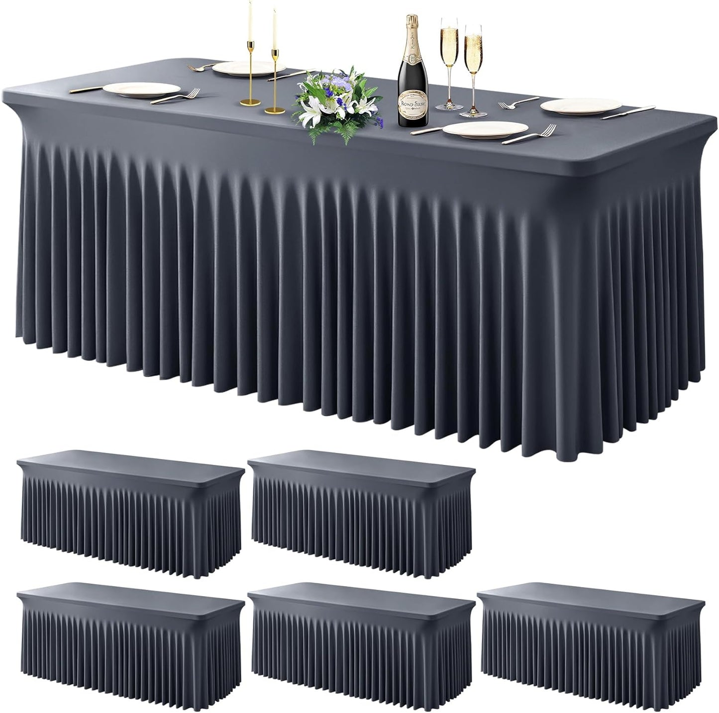 Wish Care 6 Pack Gray Spandex Table Clothes for 8 Foot Rectangle Tables, 8FT Wrinkle Free Fitted Tablecloths Ruffles Design Table Cover for Party, Banquet, Wedding and Events