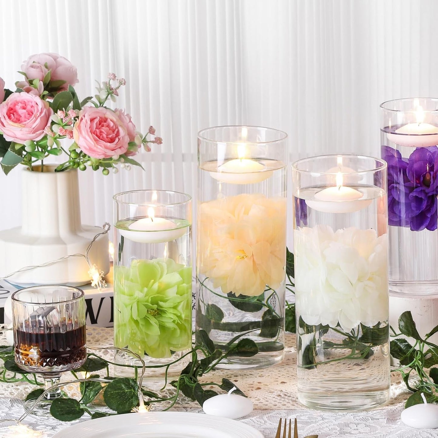 24 Pcs Floating Candles for Centerpieces and Floating Flowers for Centerpieces Champagne Artificial Flowers Vase Fillers for Wedding Table Party Home Decoration