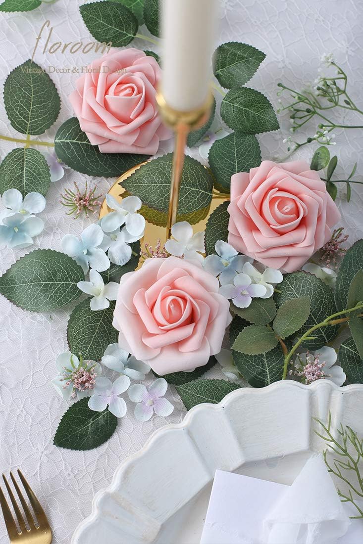 Floroom Artificial Flowers 50pcs Real Looking Blush Heirloom Foam Fake Roses with Stems for DIY Wedding Bouquets Pink Baby Shower Centerpieces Floral Arrangements Party Tables Home Decorations