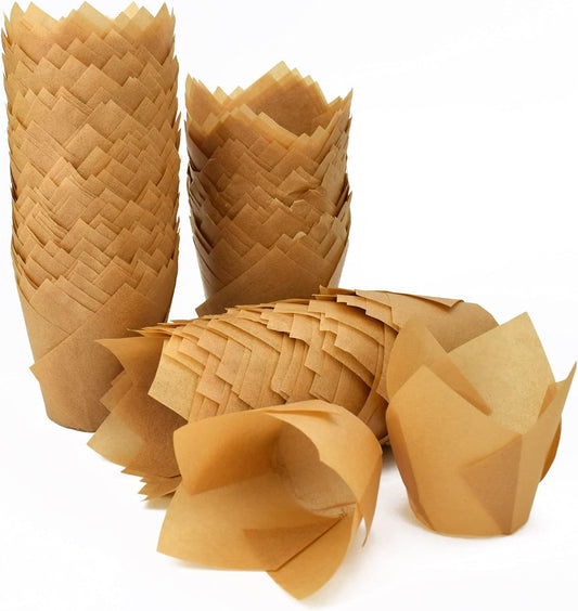 200pcs Tulip Cupcake Liners, Standard Greaseproof Paper Baking Cups Muffin Liners Holders Perfect for Bridal Showers, Baby Showers, Birthday Parties, Banquets, and Catering Events (Natural)