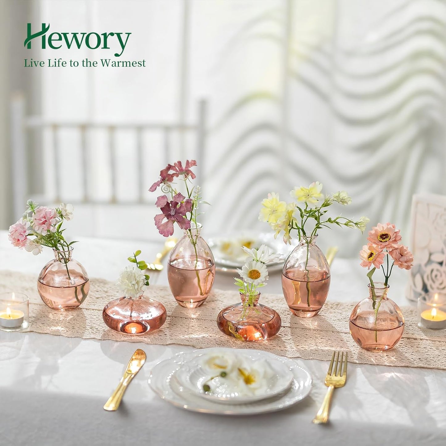 Hewory Glass Bud Vases for Centerpieces: Set of 12 Cute Pink Small Vases Handmade, Mini Flower Vase for Floral Arrangement, Tiny Decorations for Home Office Wedding Reception Party Events Table Decor