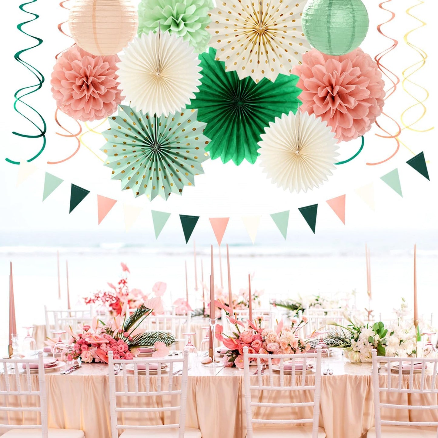 Sage-Olive Green Pink-Beige Boho Party-Decorations - 33pcs Birthday Streamers Tassel Garland,Banner Tissue Pom Poms,Paper Lantern Fans,Rustic Neutral Wedding Baby Bridal Shower Engagement Decor Hugtmr