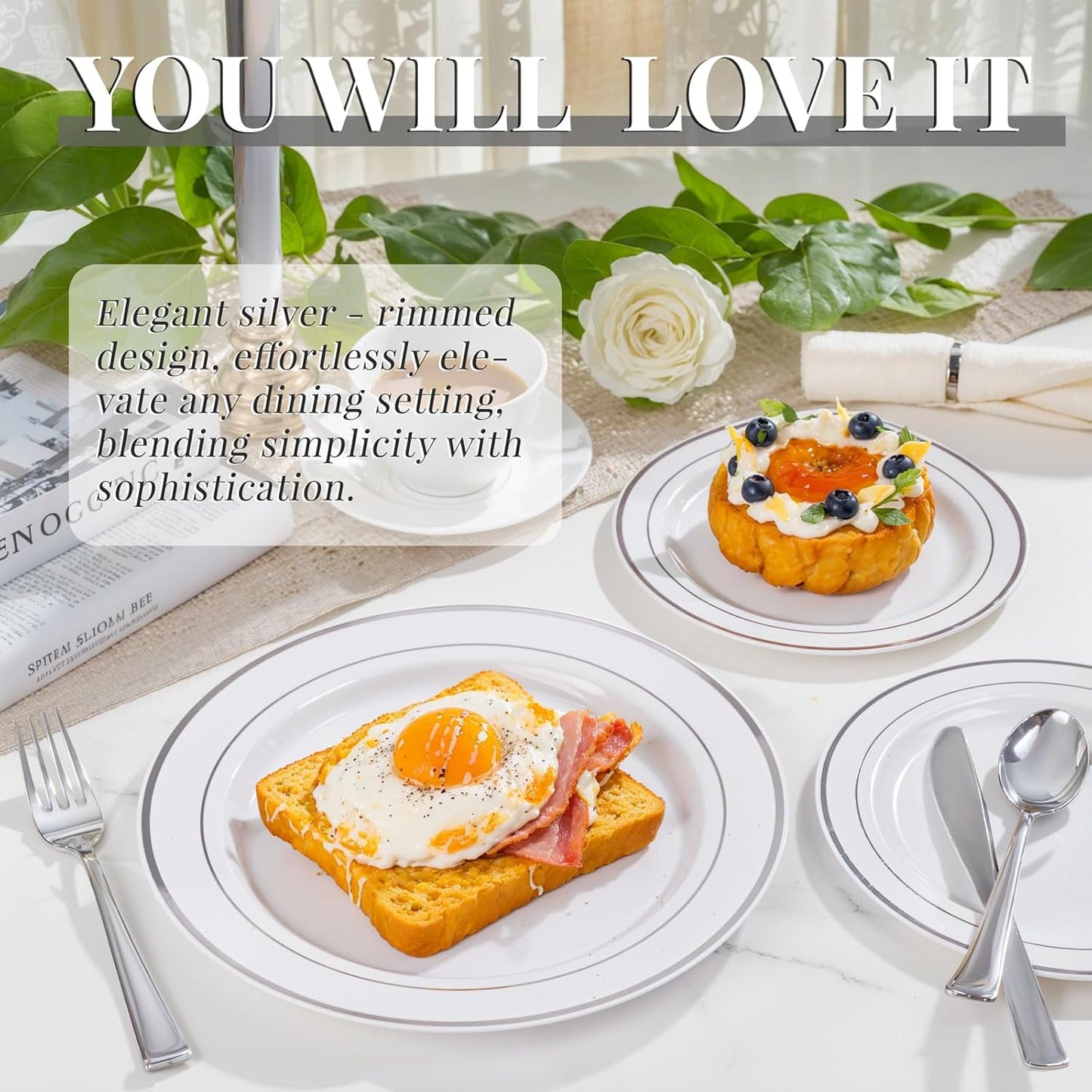 350 Pcs Silver Plastic Plates - Silver Dinnerware Set of 50 Dinner Plates 50 Dessert Plate 50 Silverware 50 Napkins 50 Cups for Christmas Party&Wedding