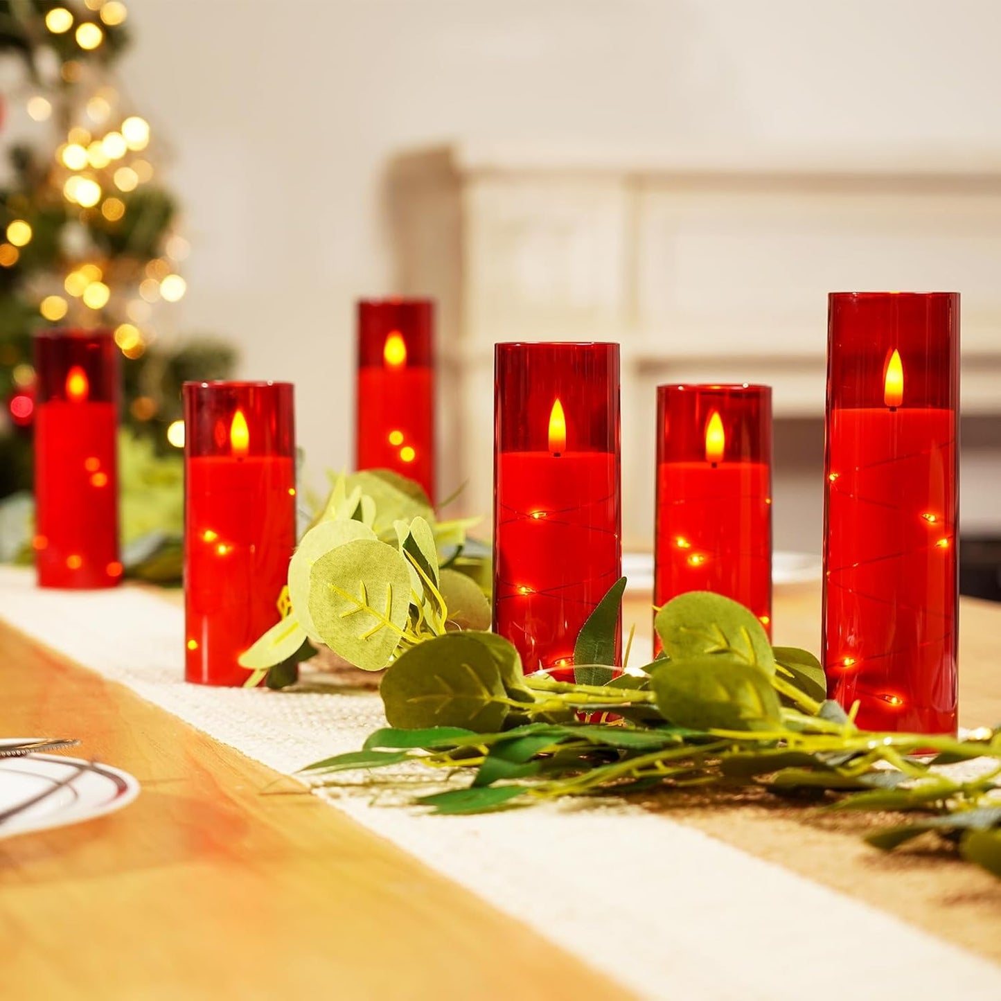 Homemory Red Flameless Candles with Embedded Star String Fairy Lights, Battery Operated Candles with Remote Control and Timer, Flickering LED Candle for Christmas Decor, Set of 9, D2.2 x H5 6" 7"