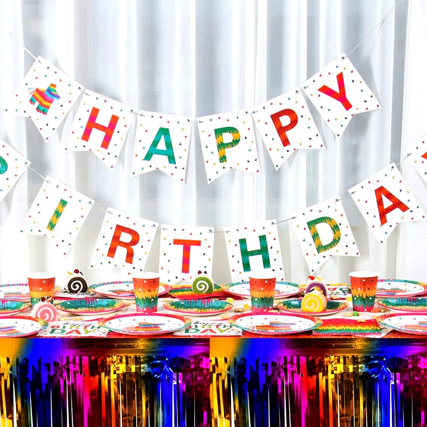 4 Pack 29x108 Inch Metallic Foil Fringe Tinsel Table Skirts for Rectangle Tables Streamer Backdrop for Wedding, Birthday, Parade Floats, Christmas, Halloween Party Decoration(Rainbow)