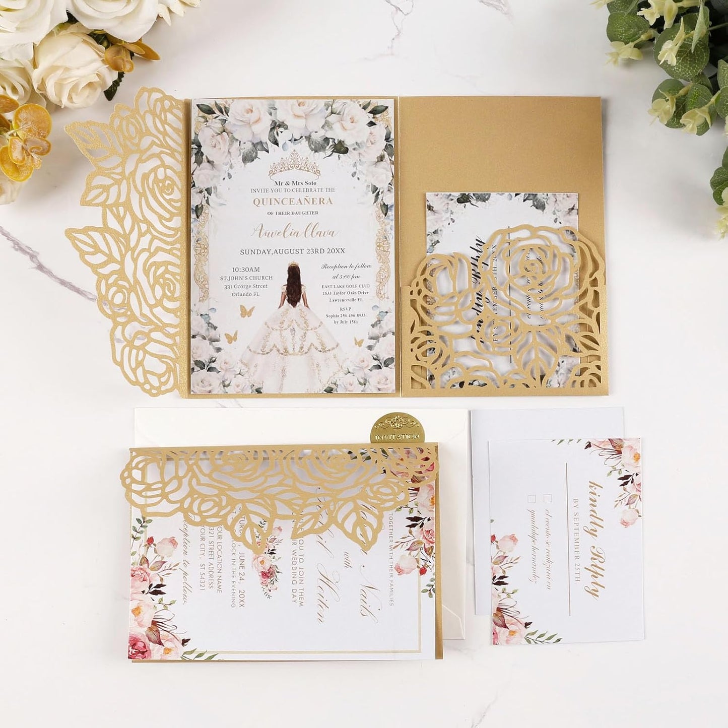 50pcs Gold Laser Cut Wedding Invitations Card Pocket with Envelope and RSVP Cards 5x7 '' Tri-Fold Wedding Invitation Kit for Wedding Engagement Bridal Shower Birthday Quinceanera Party Invite