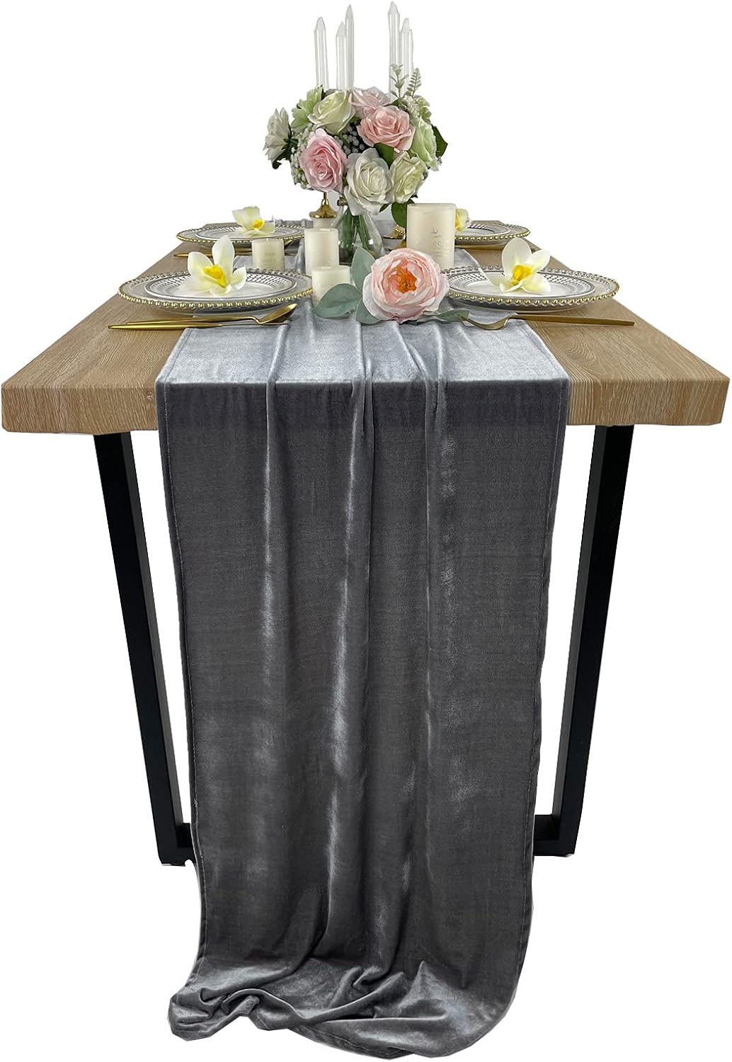 Luxurious Velvet Table Runner, 10ft Wedding Reception Decorations, 20x120inch Soft Velvet Fabric, Table Linen Overlay, Wedding Table Runners (Gray, 20X120inch)