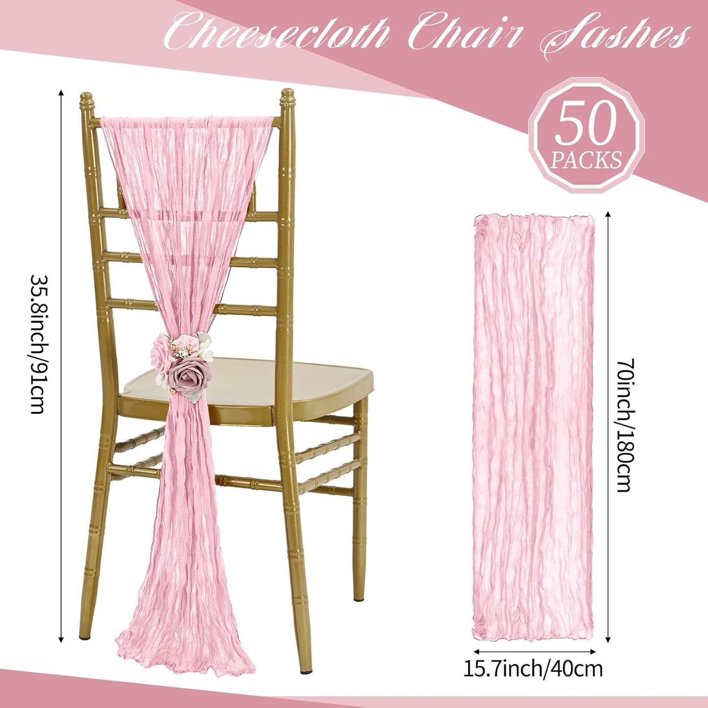 50 PCS Cheesecloth Chair Sashes, Bows Designed ChairSashes, 15.7x70 inch Chair Sashes for Aisle Decorations Universal Chairs Cover Decoration for Wedding Reception Party Banquet (Light Pink)