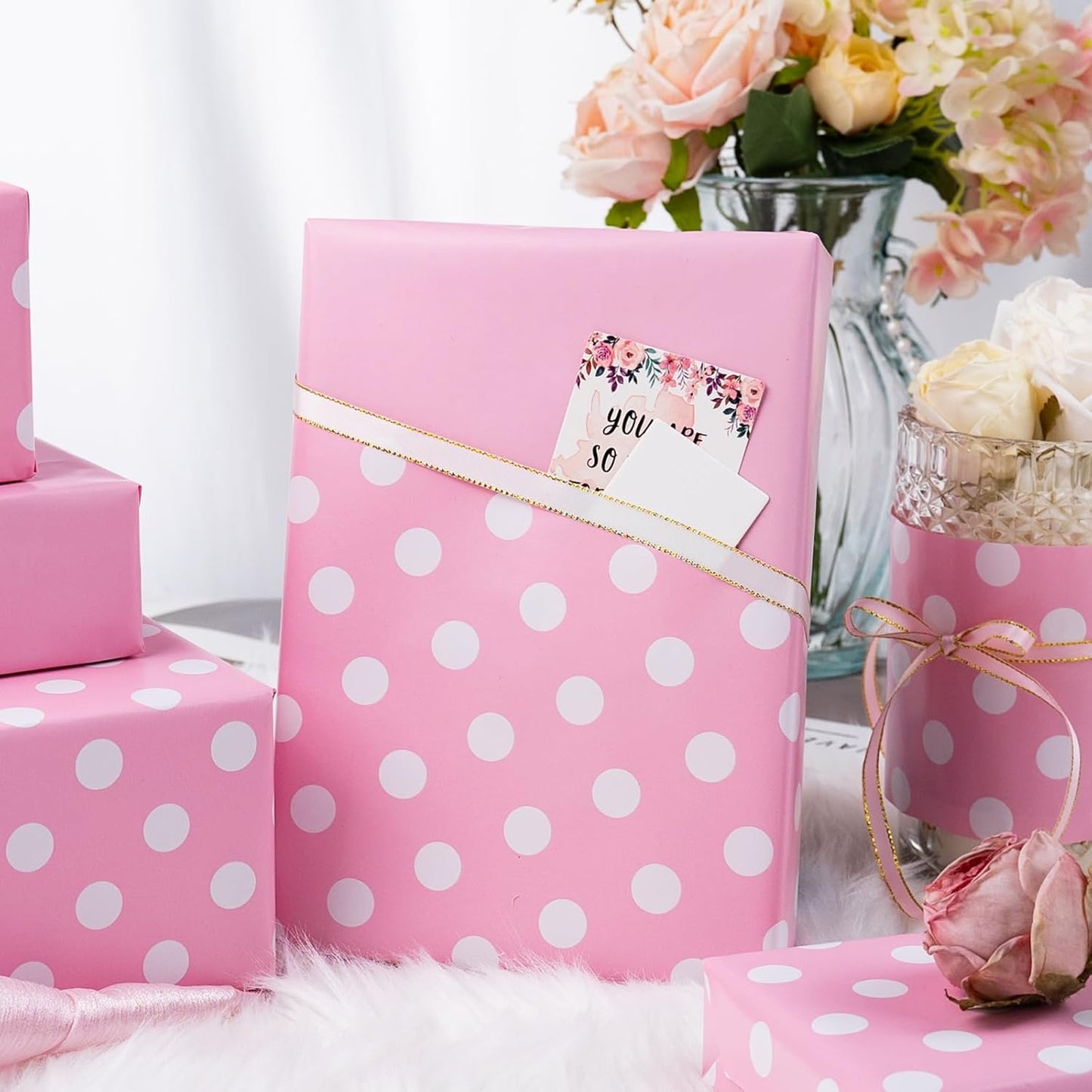 Burymento Pink and White Dots Wrapping Paper, Reversible Pink Gift Wrap for Birthday, Valentines, Mothers day, Graduation, Wedding, Fathers day, Baby Shower, Christmas (17in x 32.8ft)