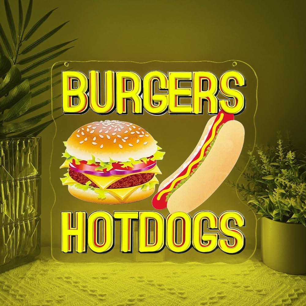Hot Dogs Burgers Neon Signs for Wall Decor,Hot Dogs Led Neon Sign Party Decorations,Dimmable Hamburger Led Lights Sign for Business Food Restaurant Bar Birthday Party Decor,Hot Dog Shop Decor