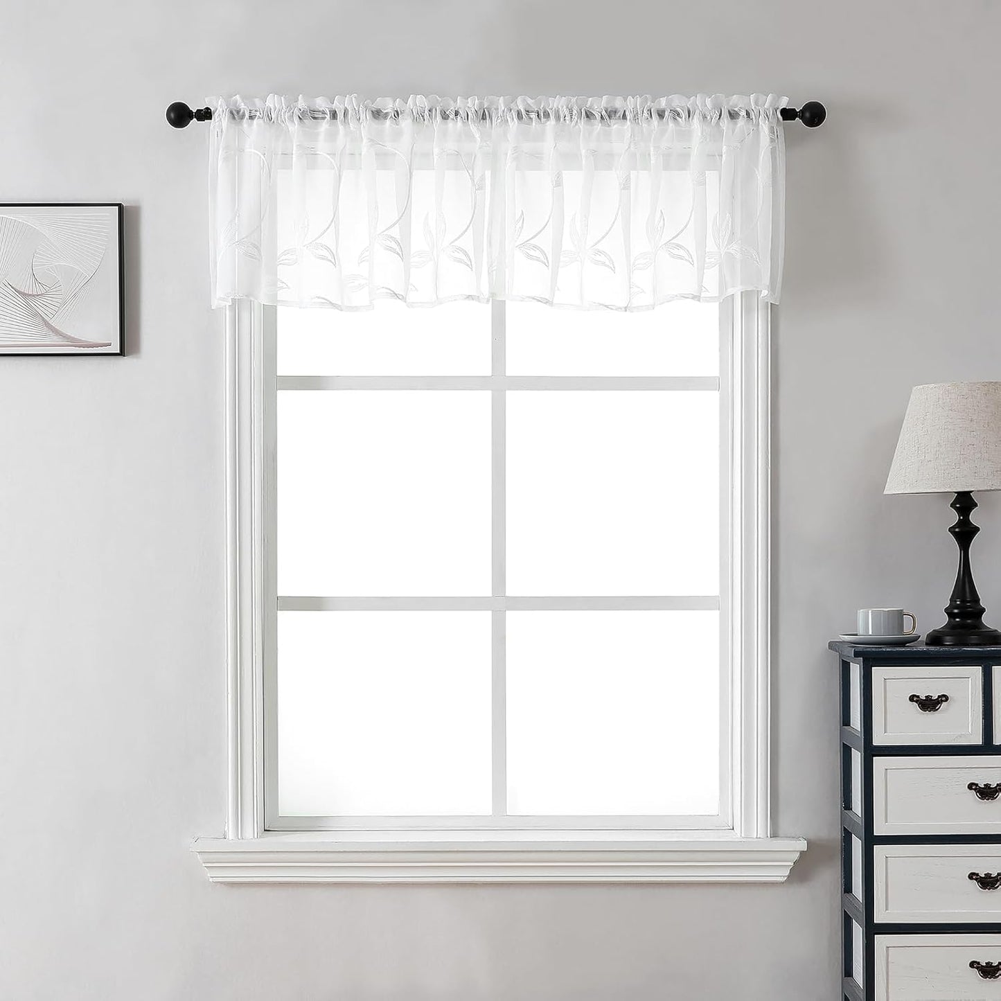 VISIONTEX Sheer Voile Curtain Valances, Decorative Leaves Embroidered, Rod Pocket Window Treatment for Kitchen/Rustic Bedroom/Living Room (54 x 16 Inch,1 Panel)