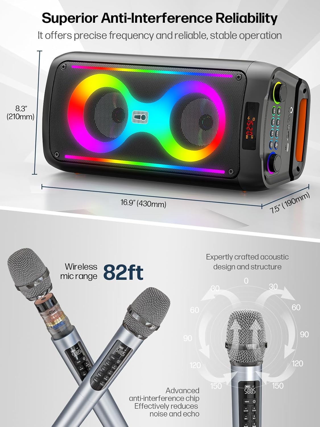 Karaoke Machine for Adults, Portable Bluetooth Speaker with 2 Wireless Microphones, PA System with Disco Lights for Big Party, Outdoor, Supports USB/TF/REC/AUX, Ideal Gifts for Family, Music Lover