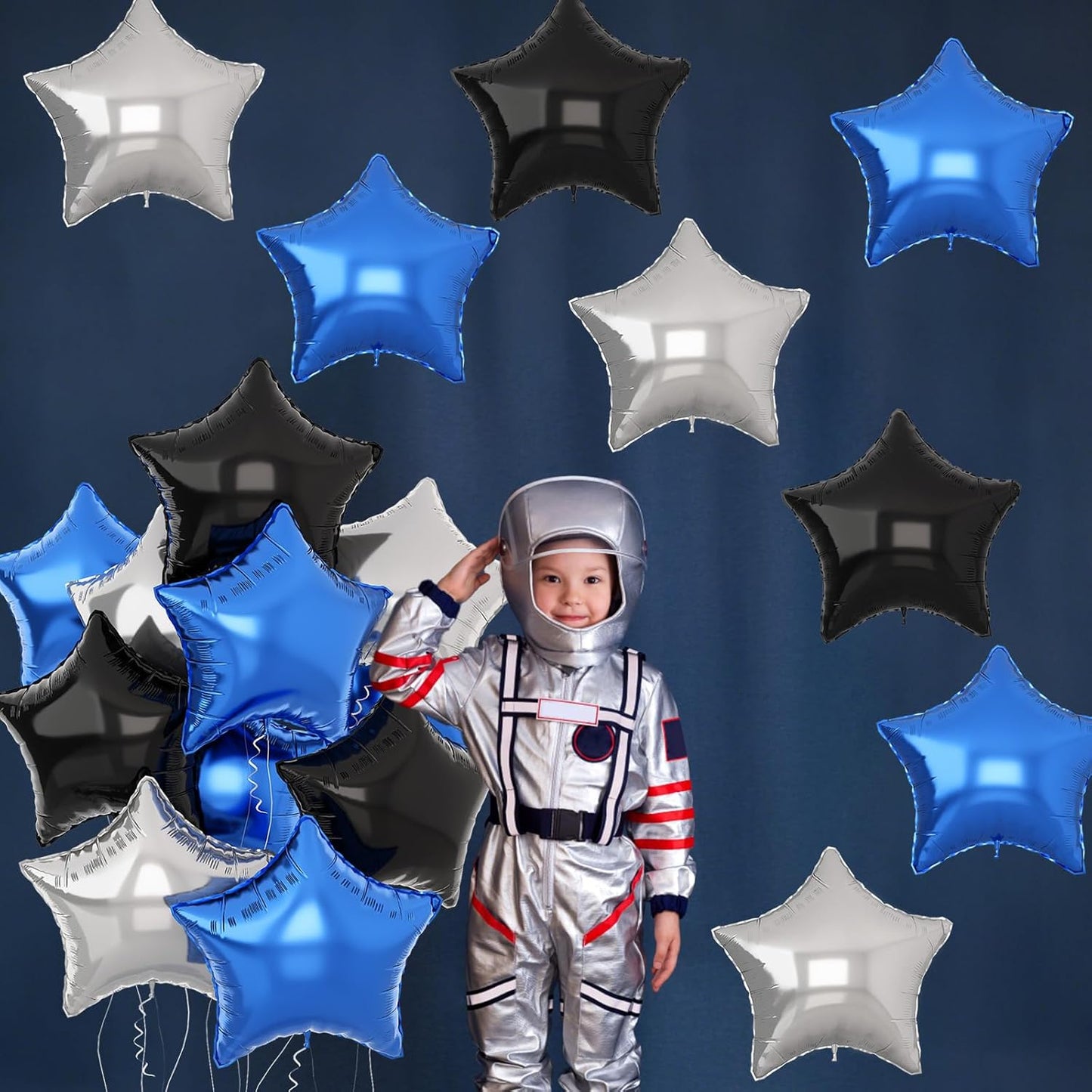 Blue Black Star Balloons Helium, 18Inch Silver and Blue Stars Shape Foil Balloon, 12Pcs Blue Pentagram Mylar Party Decoration for Boy Men Birthday Graduation Space Theme Eid Party Baby Shower Supplies