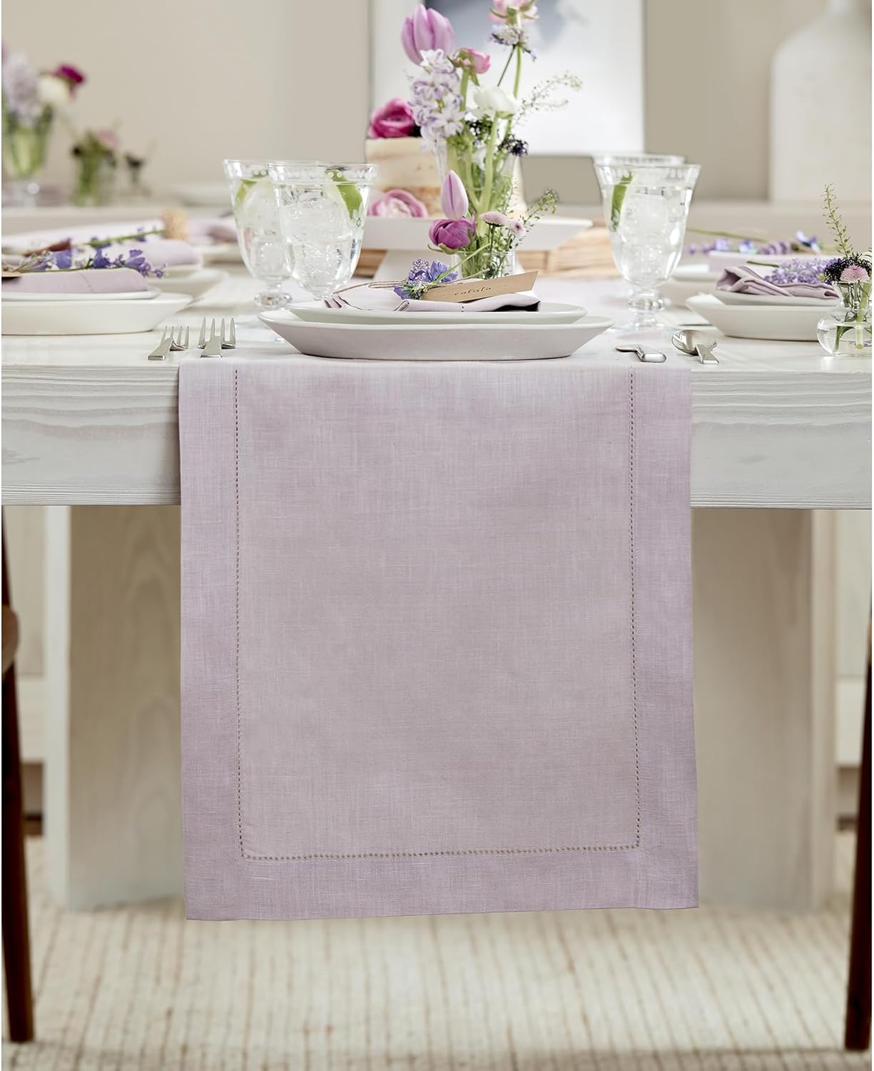Solino Home Linen Table Runner 36 Inches - 100% Pure Linen Lilac Hemstitch Table Runner 14 x 36 Inch Ideal for Dresser and Coffee Tables - Classic Hemstitch