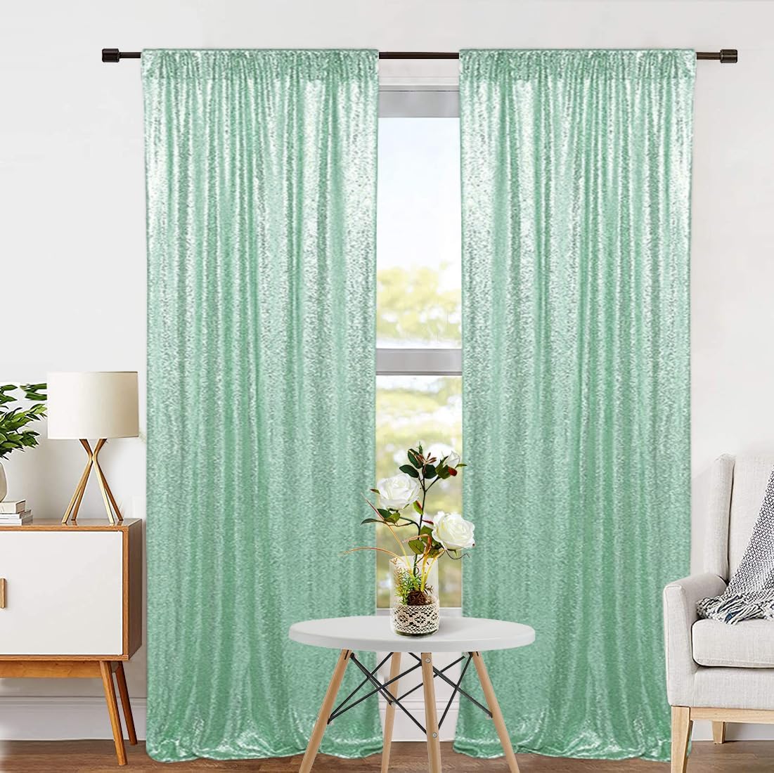 Eternal Beauty Sequin Backdrop Curtains, 2x8 Ft-2 Panels Mint Green Back Drop for Shimmer Photography Party Wedding Birthday Decor
