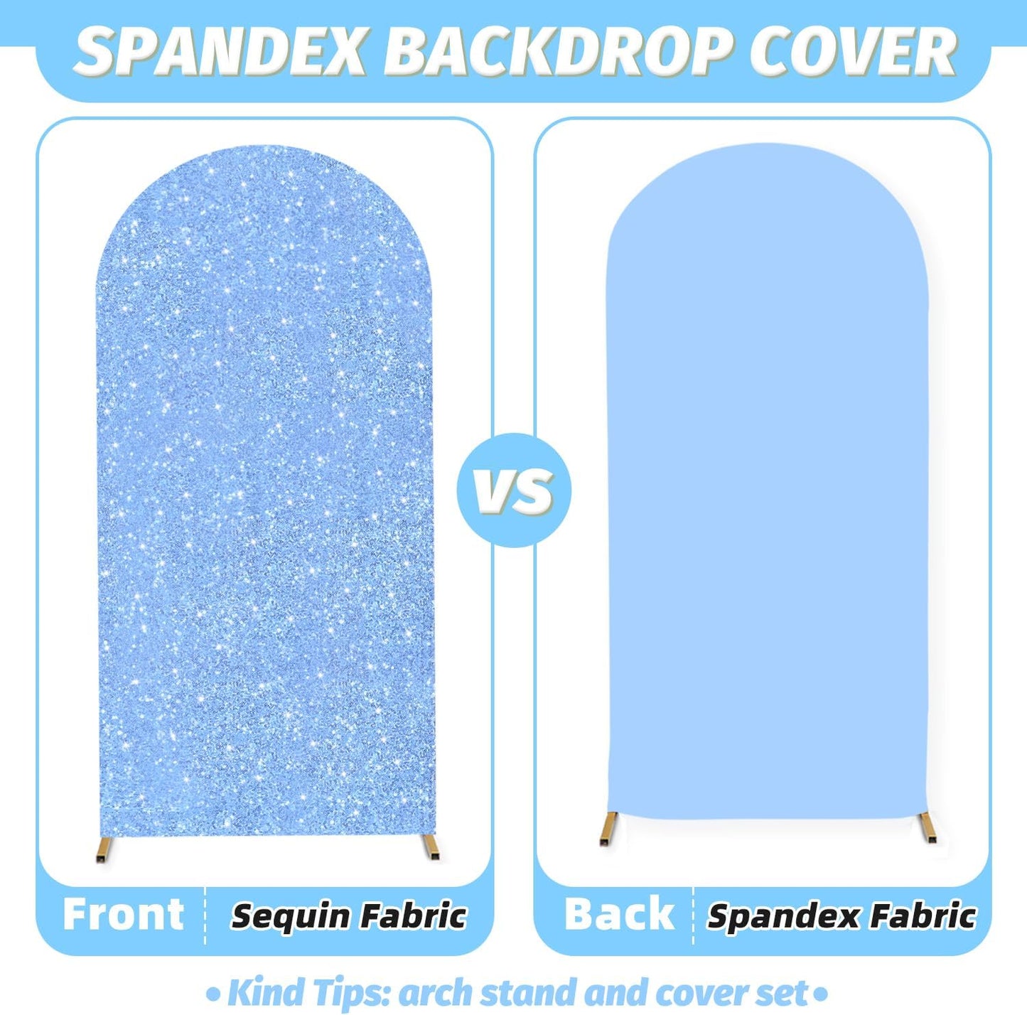 MODFUNS Arch Backdrop Stand with Cover 6&6.6&7.2ft Light Blue Sequins Arch Backdrop Cover Set of 3 Metal Arch Stand Double Sided Glitter Arch Covers for Wedding Ceremony Banquet Party Decoration
