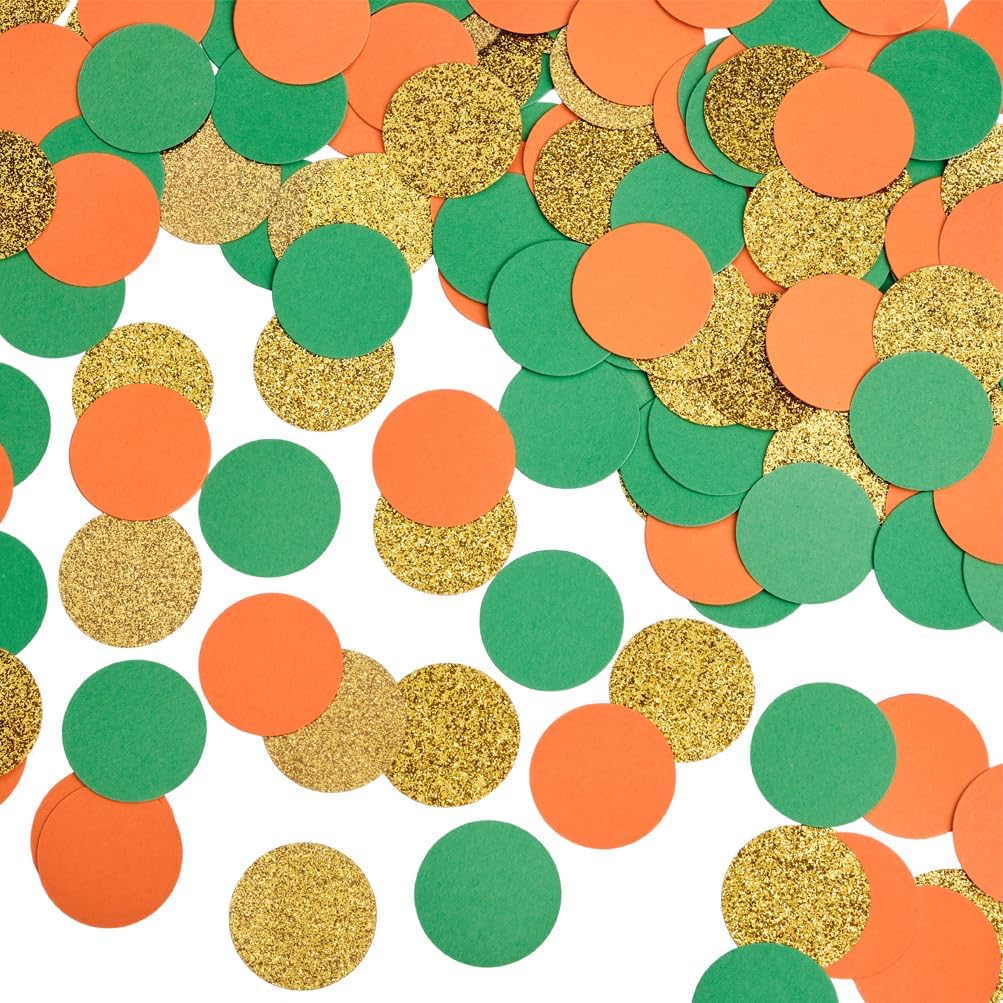 Gold Orange and Green Confetti Table Decoration for Baby Shower Jungle Tropical Summer Birthday Graduation Party, 1.2 inch in Diameter, 200 Counts