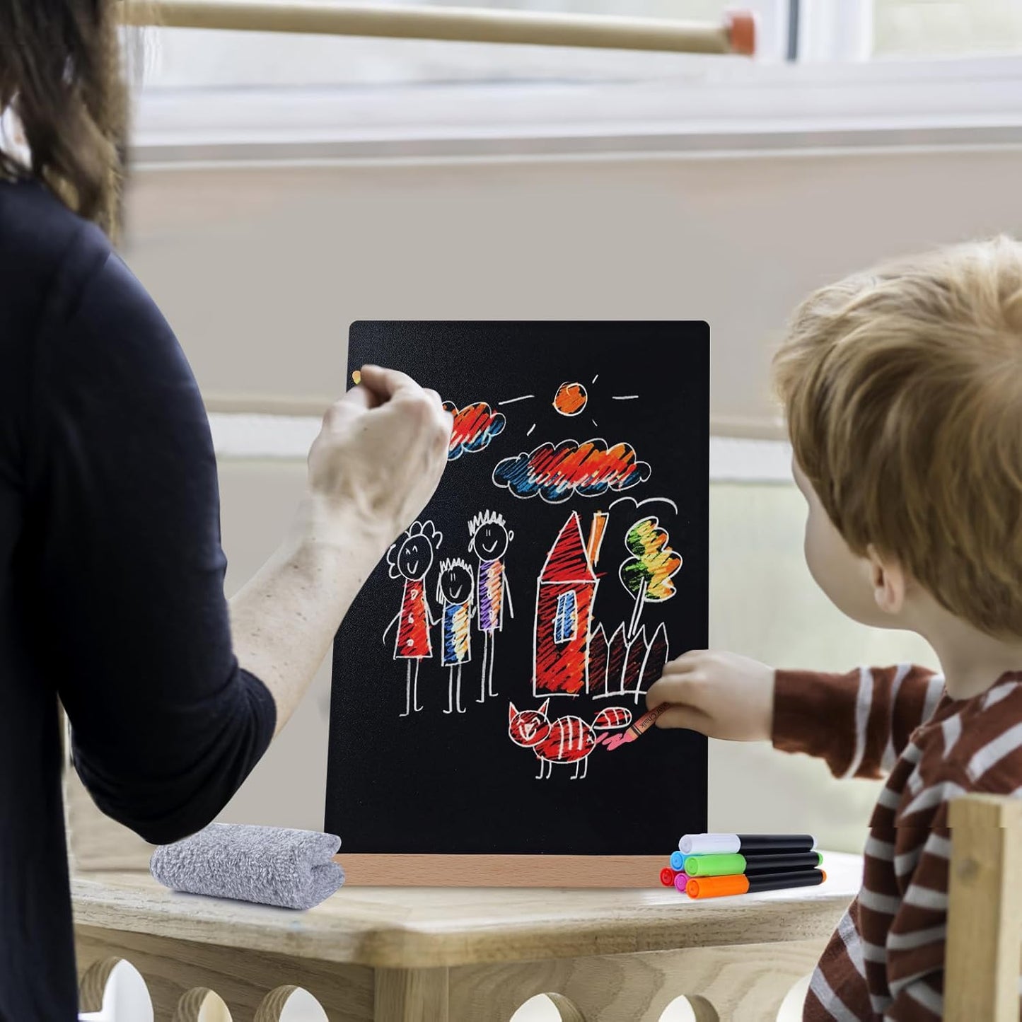 Small Chalkboard Sign, Reusable Double Sided Mini Chalkboard Signs with Wooden Base Stand, 12 x 8 Tabletop Chalkboard for Kids, DIY Home Decoration, Store Poster Display (2 Pack)