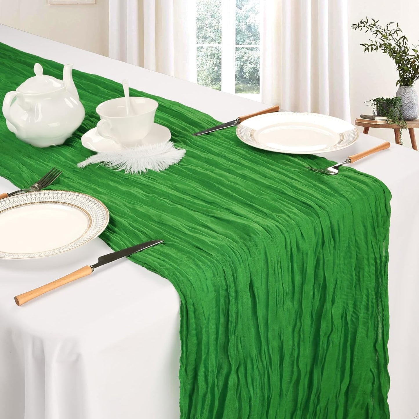 6 Pack Green Cheesecloth Christmas Table Runner 10ft Boho Gauze Fabric Cheese Cloth Table Runner 35 x 120 Inch Rustic Sheer Runner for Romantic Wedding Decor Baby Shower Party Centerpiece Decoration