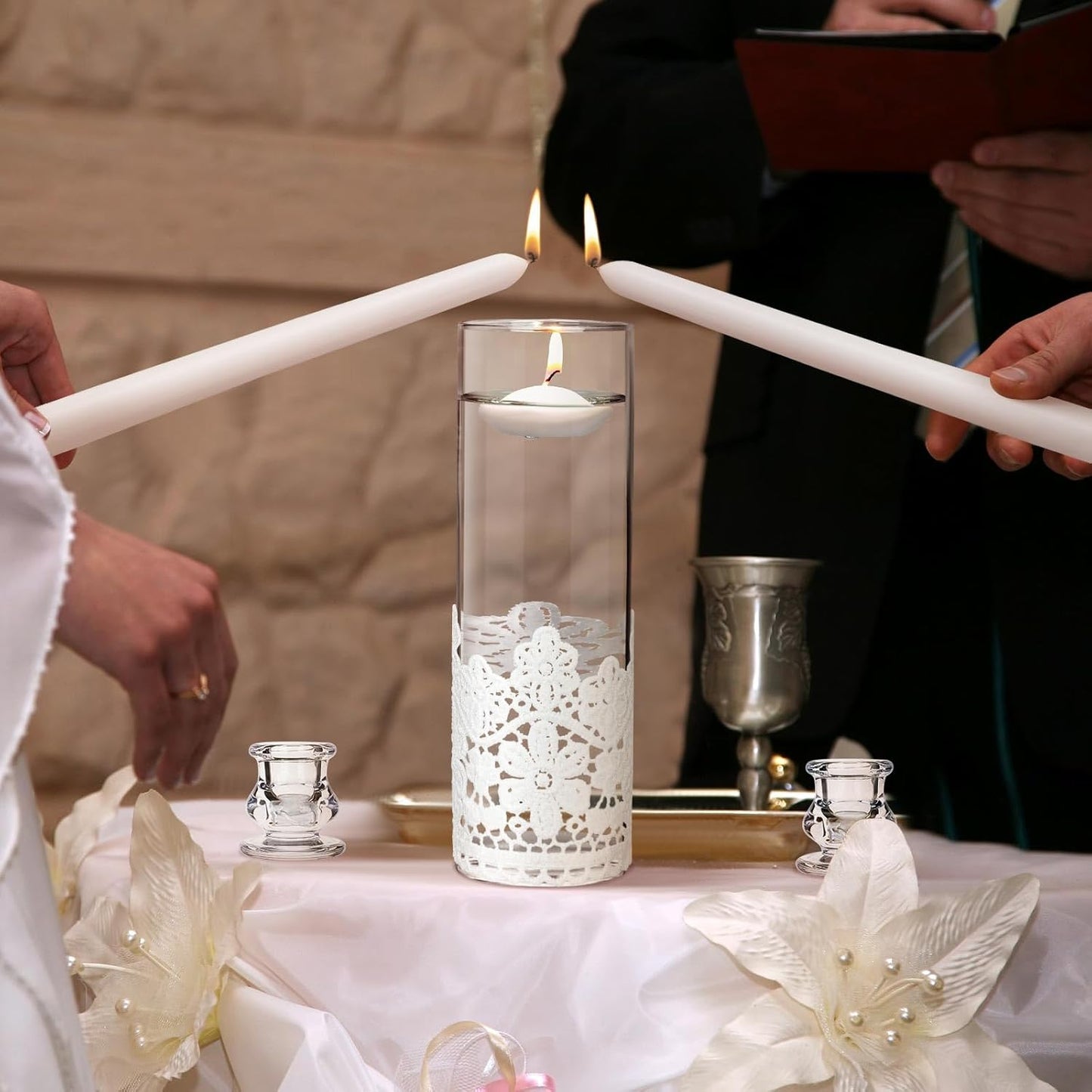 Irenare Unity Candles with Holder for Wedding Ceremony Wedding Decortions Accessories Glass Candle Holder Pillar Candle for Formal Events Church(Lace)